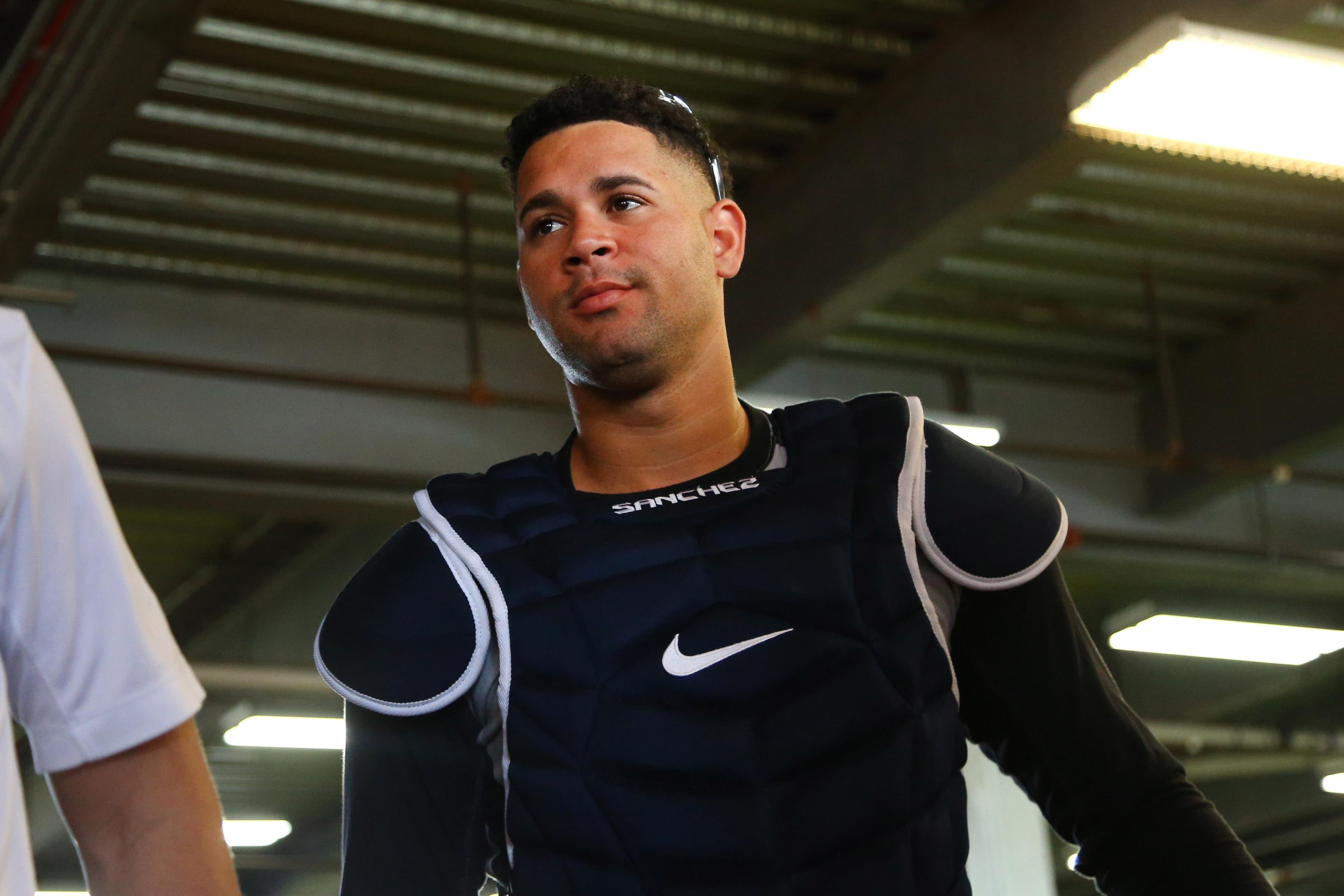 Feb 12, 2020; Tampa, Florida, USA; New York Yankees catcher Gary Sanchez (24) works out as pitchers and catchers report for spring training at George M. Steinbrenner Field. Mandatory Credit: Kim Klement-USA TODAY Sports / Kim Klement