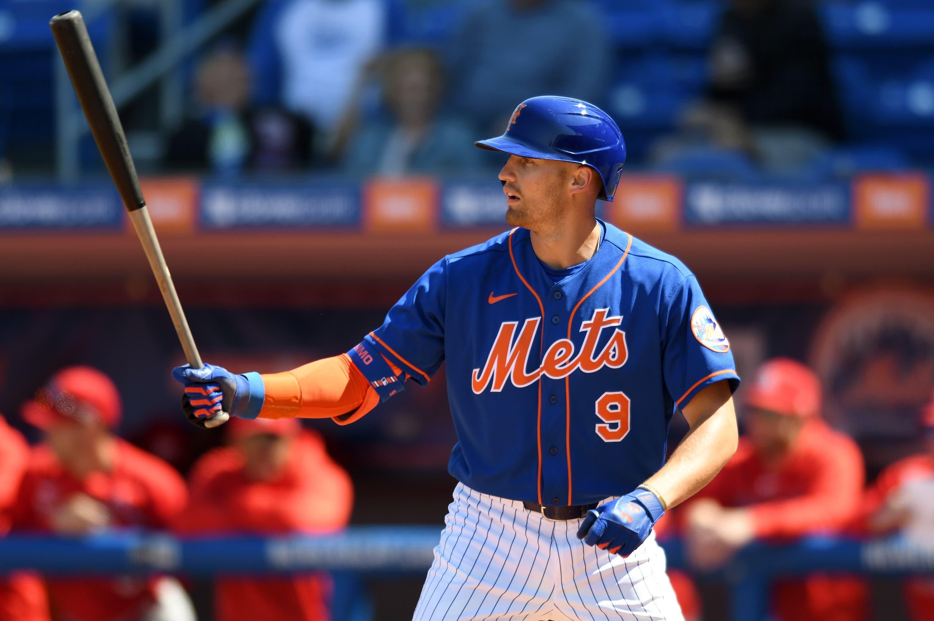 Feb 28, 2020; Port St. Lucie, Florida, USA; New York Mets center fielder Brandon Nimmo (9) stands at the plate in the first inning during the game against the St. Louis Cardinals at Clover Park. Mandatory Credit: Jim Rassol-USA TODAY Sports / Jim Rassol