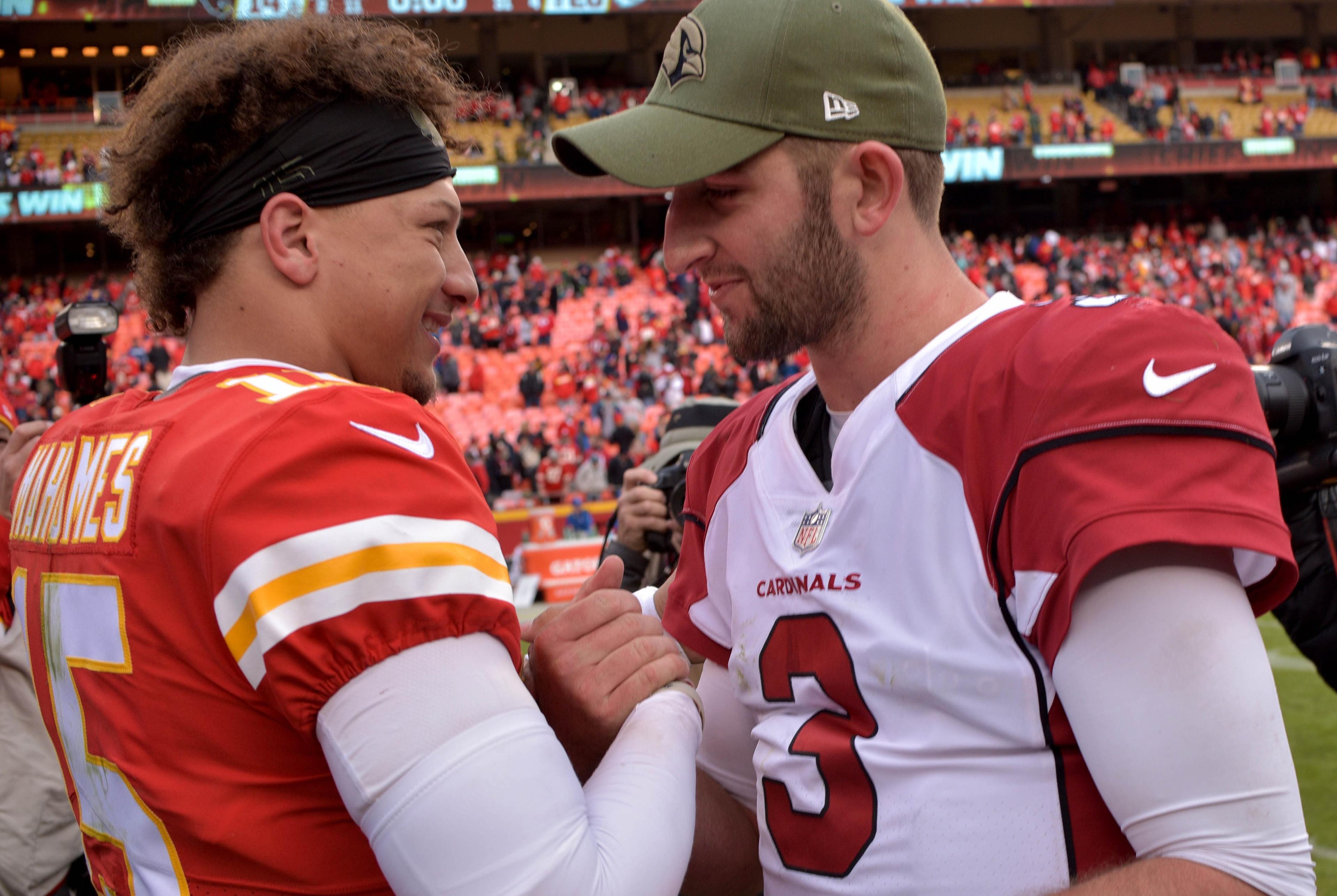 Nov 11, 2018; Kansas City, MO, USA; Kansas City Chiefs quarterback Patrick Mahomes (15) shakes hands with Arizona Cardinals quarterback Josh Rosen (3) after the game at Arrowhead Stadium. The Chiefs won 26-14. Mandatory Credit: Denny Medley-USA TODAY Sports / Denny Medley