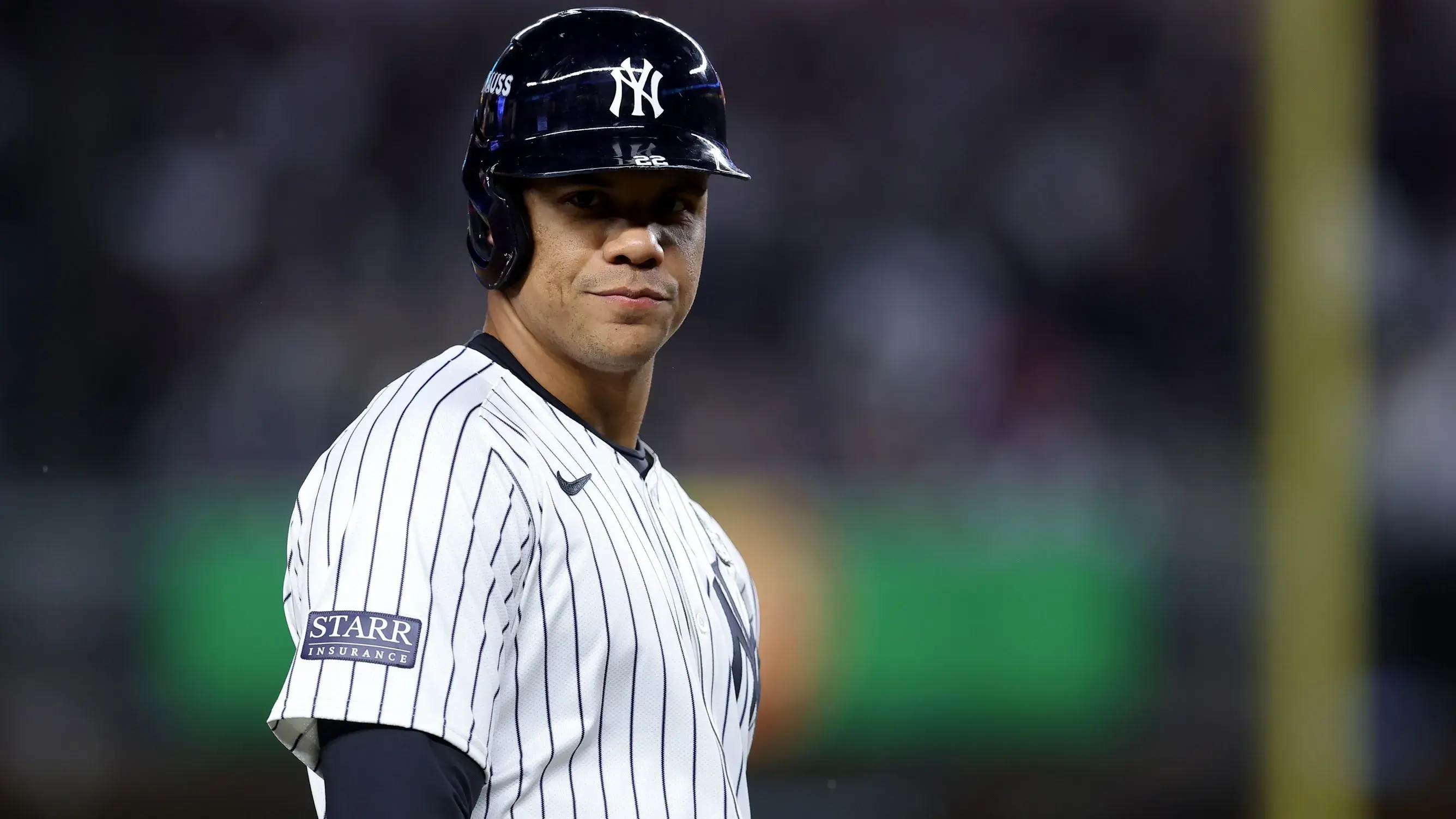 Oct 29, 2024; New York, New York, USA; New York Yankees outfielder Juan Soto (22) on third base during the first inning in game four of the 2024 MLB World Series against the Los Angeles Dodgers at Yankee Stadium / Brad Penner-Imagn Images