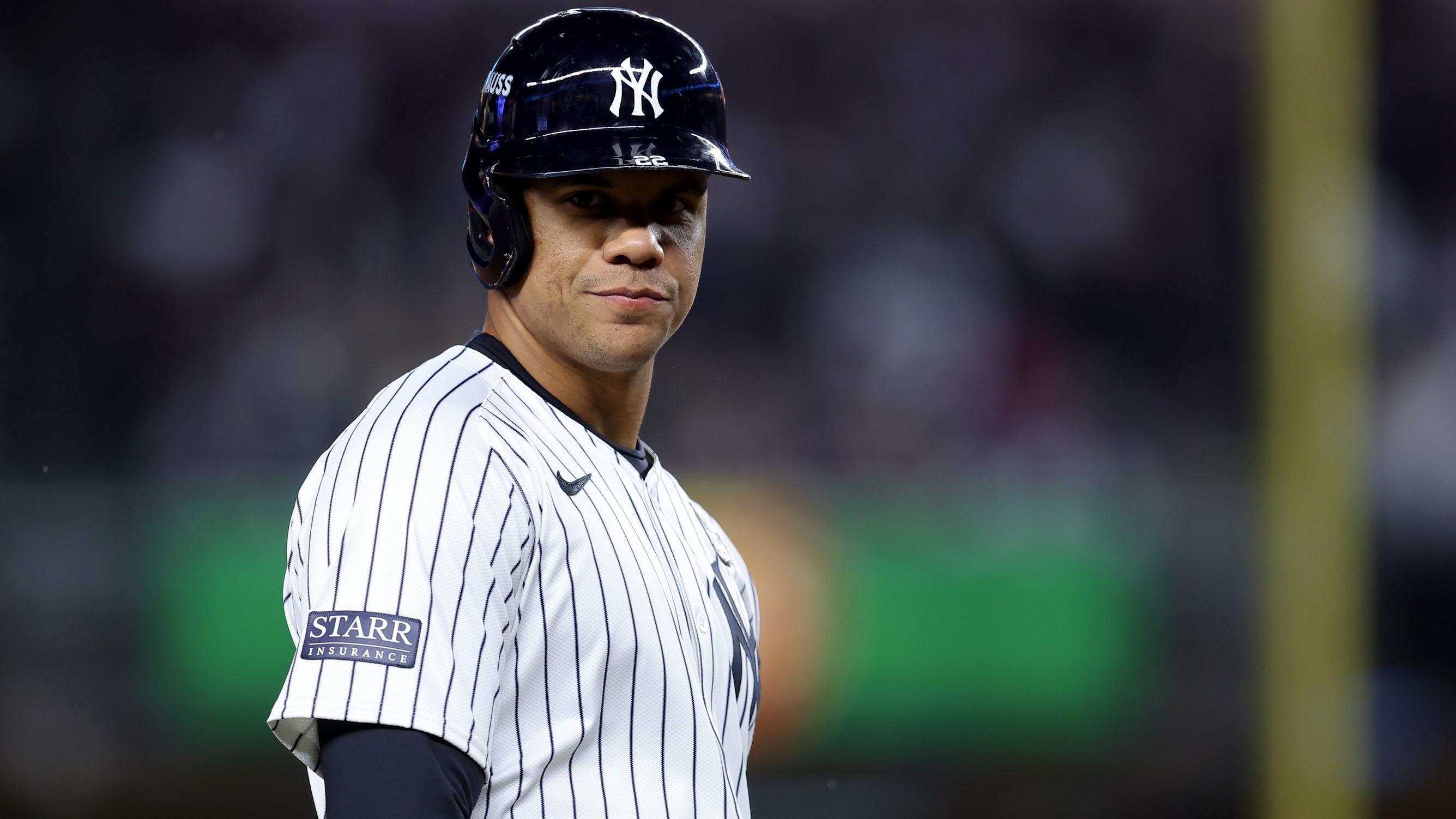 Oct 29, 2024; New York, New York, USA; New York Yankees outfielder Juan Soto (22) on third base during the first inning in game four of the 2024 MLB World Series against the Los Angeles Dodgers at Yankee Stadium