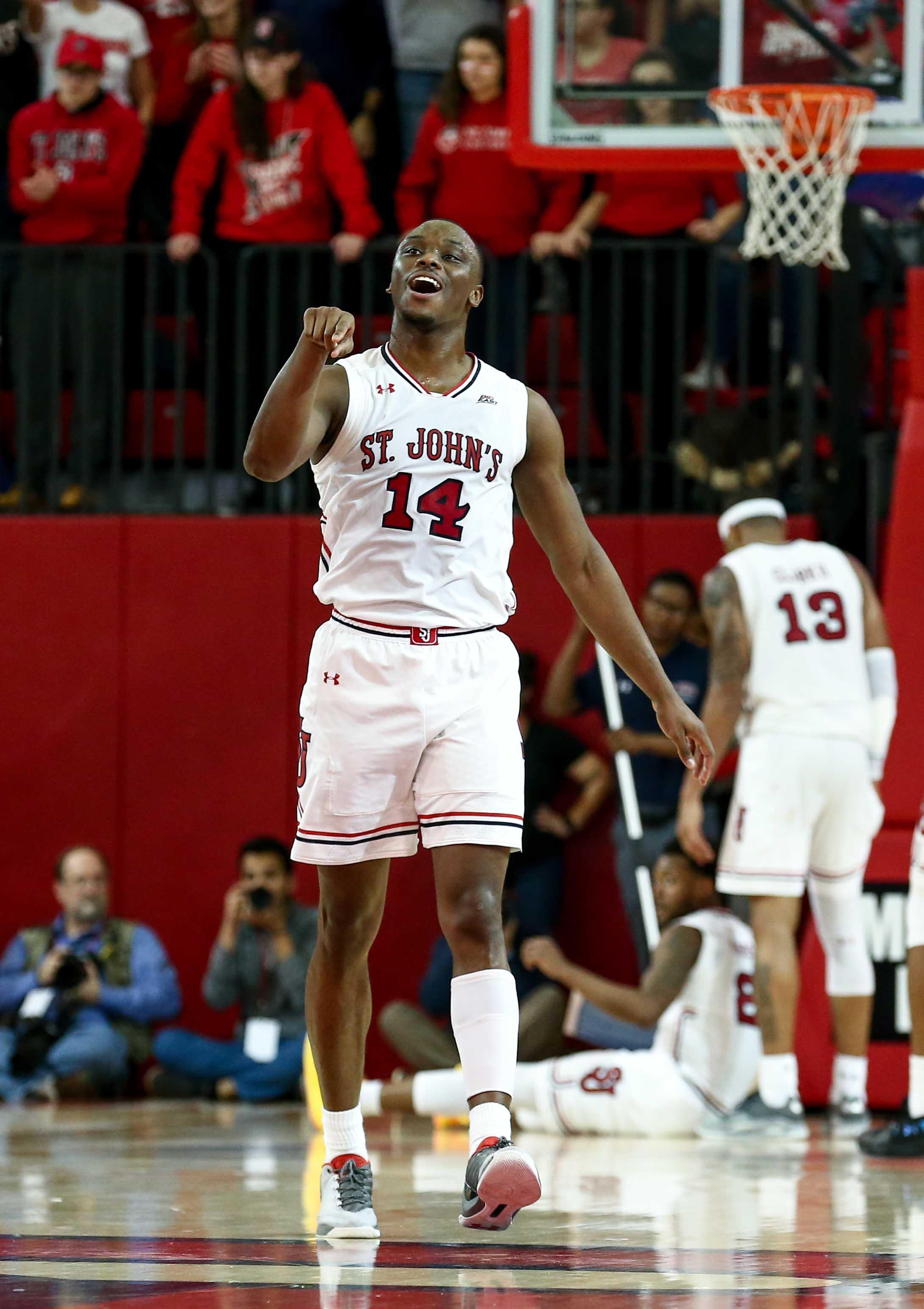 Feb 12, 2019; Queens, NY, USA; St. John's Red Storm guard Mustapha Heron (14) reacts in the second half against the Butler Bulldogs at Carnesecca Arena. Mandatory Credit: Nicole Sweet-USA TODAY Sports / Nicole Sweet