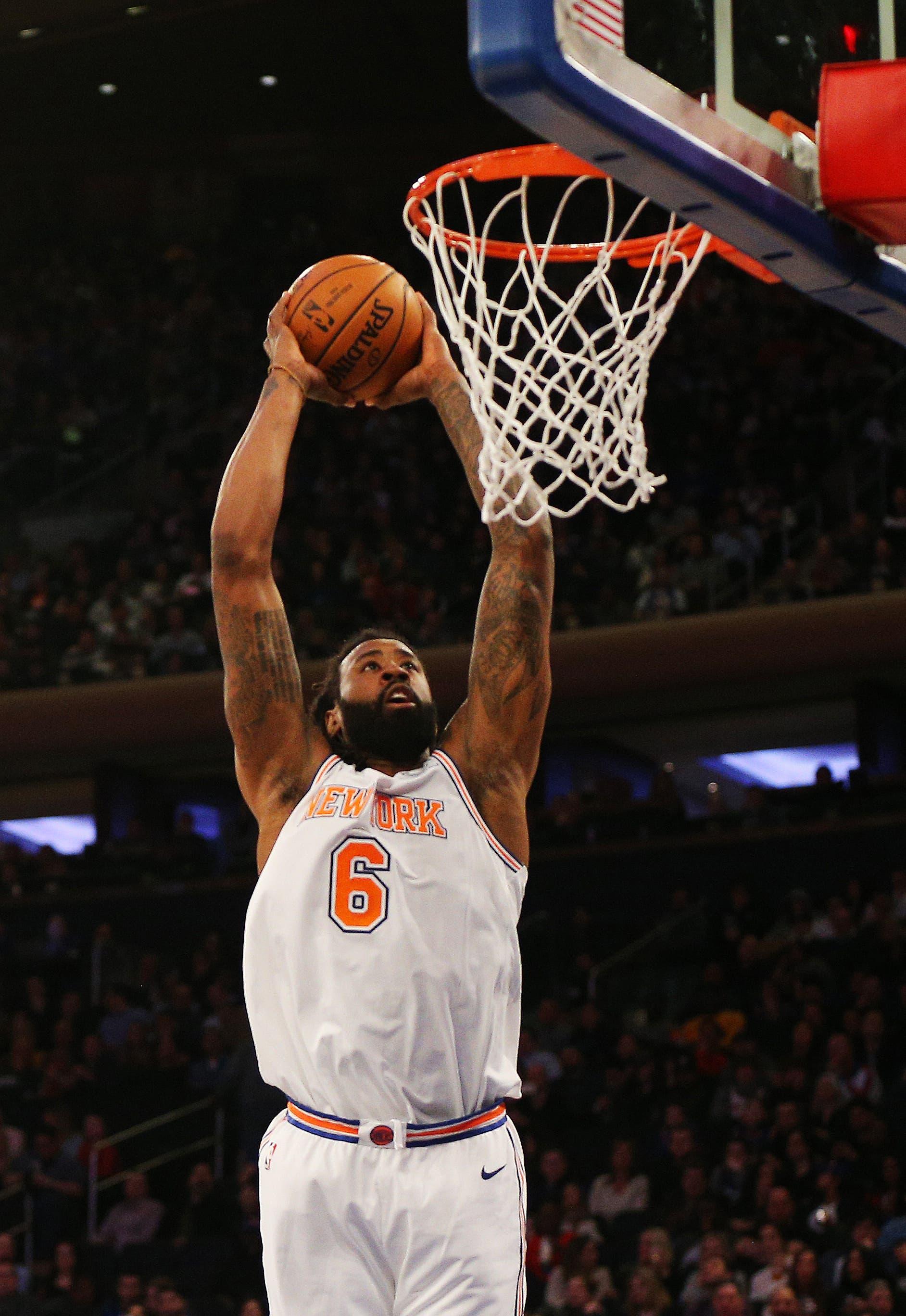 Feb 22, 2019; New York, NY, USA; New York Knicks center DeAndre Jordan (6) dunks the ball against the Minnesota Timberwolves during the second half at Madison Square Garden. Mandatory Credit: Andy Marlin-USA TODAY Sports / Andy Marlin