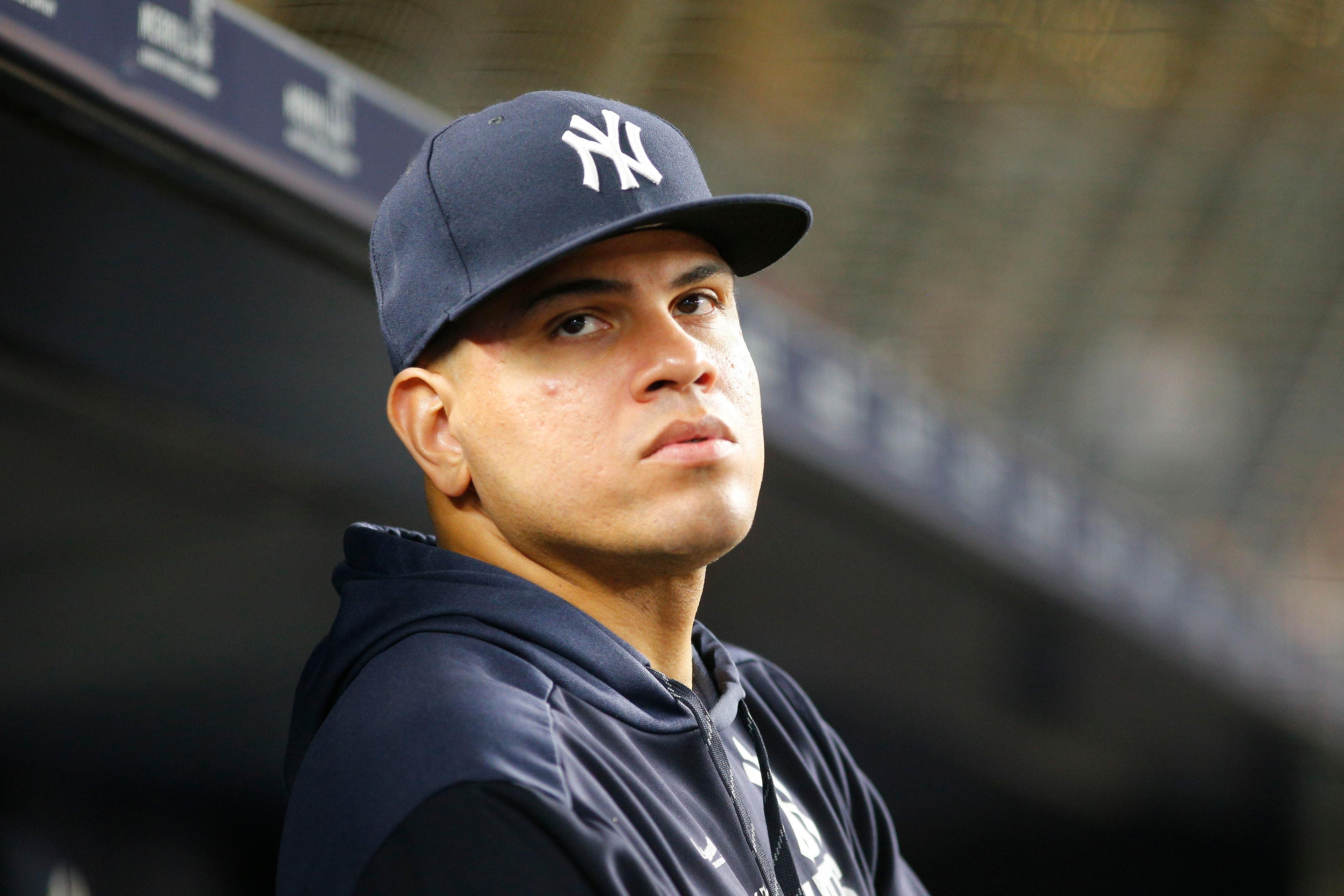 Jun 24, 2019; Bronx, NY, USA; New York Yasnkees pitcher Dellin Betances (68) looks on against the Toronto Blue Jays during the ninth inning at Yankee Stadium. Mandatory Credit: Andy Marlin-USA TODAY Sports / Andy Marlin