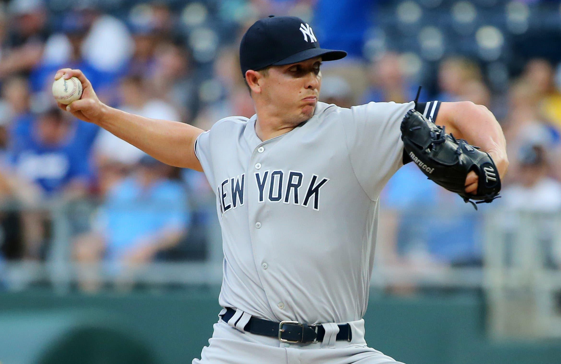 May 25, 2019; Kansas City, MO, USA; New York Yankees starting pitcher Chad Green (57) pitches against the Kansas City Royals during the first inning in the second game of a double header at Kauffman Stadium. Mandatory Credit: Jay Biggerstaff-USA TODAY Sports / Jay Biggerstaff