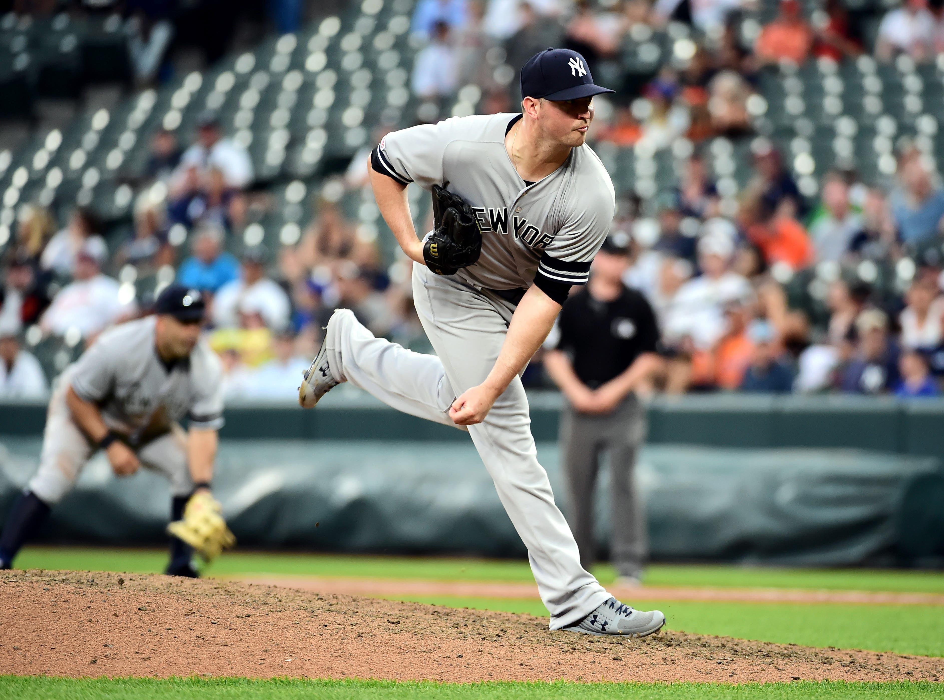 May 23, 2019; Baltimore, MD, USA; New York Yankees pitcher Zack Britton (53) throws a pitch in the ninth inning against the Baltimore Orioles at Oriole Park at Camden Yards. Mandatory Credit: Evan Habeeb-USA TODAY Sports / Evan Habeeb