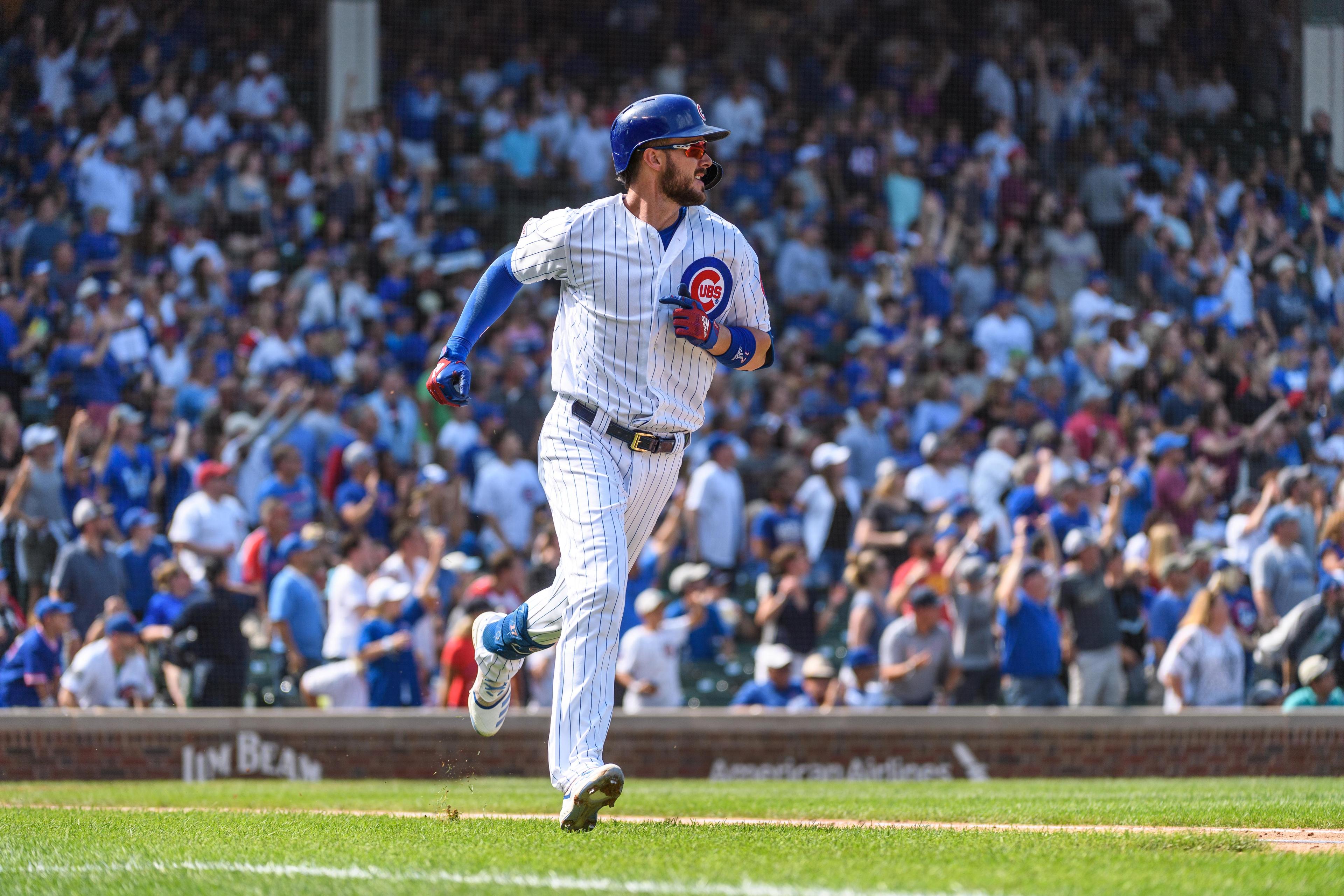 Sep 15, 2019; Chicago, IL, USA; Chicago Cubs third baseman Kris Bryant (17) rounds the bases after hitting a home run off Pittsburgh Pirates starting pitcher Trevor Williams (not pictured) during the third inning at Wrigley Field. Mandatory Credit: Daniel Bartel-USA TODAY Sports 