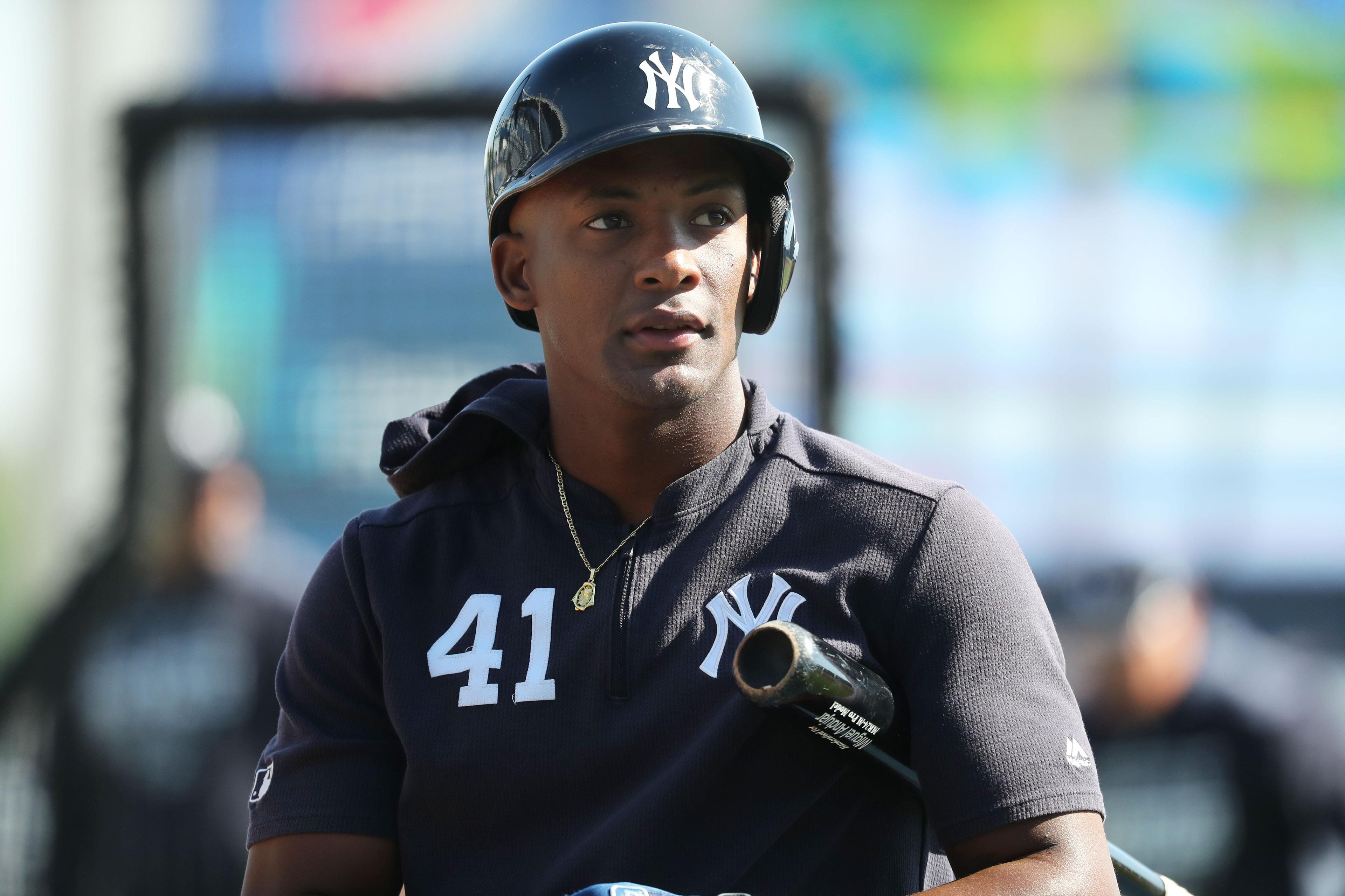 Mar 23, 2019; Tampa, FL, USA; New York Yankees third baseman Miguel Andujar (41) prior to the game against the Toronto Blue Jays at George M. Steinbrenner Field. Mandatory Credit: Kim Klement-USA TODAY Sports / Kim Klement