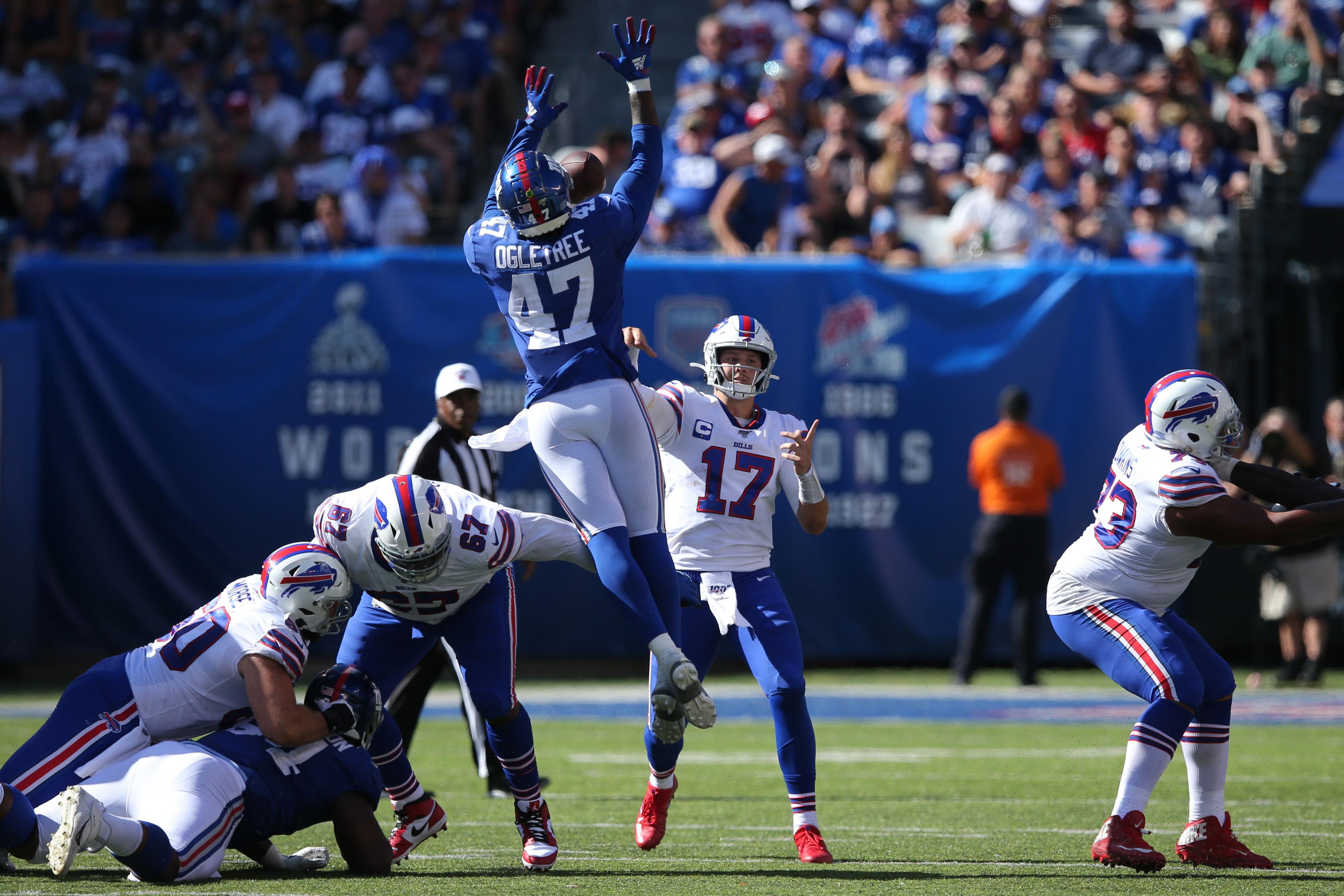 Sep 15, 2019; East Rutherford, NJ, USA; New York Giants linebacker Alec Ogletree (47) knocks down a pass by Buffalo Bills quarterback Josh Allen (17) during the fourth quarter at MetLife Stadium. Mandatory Credit: Brad Penner-USA TODAY Sports / Brad Penner