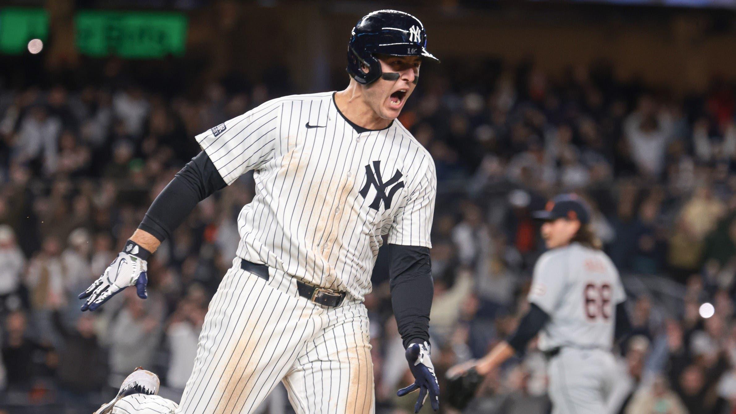 May 3, 2024; Bronx, New York, USA; New York Yankees first baseman Anthony Rizzo (48) reacts after his game winning RBI single during the ninth inning against Detroit Tigers relief pitcher Jason Foley (68) at Yankee Stadium. / Vincent Carchietta-USA TODAY Sports