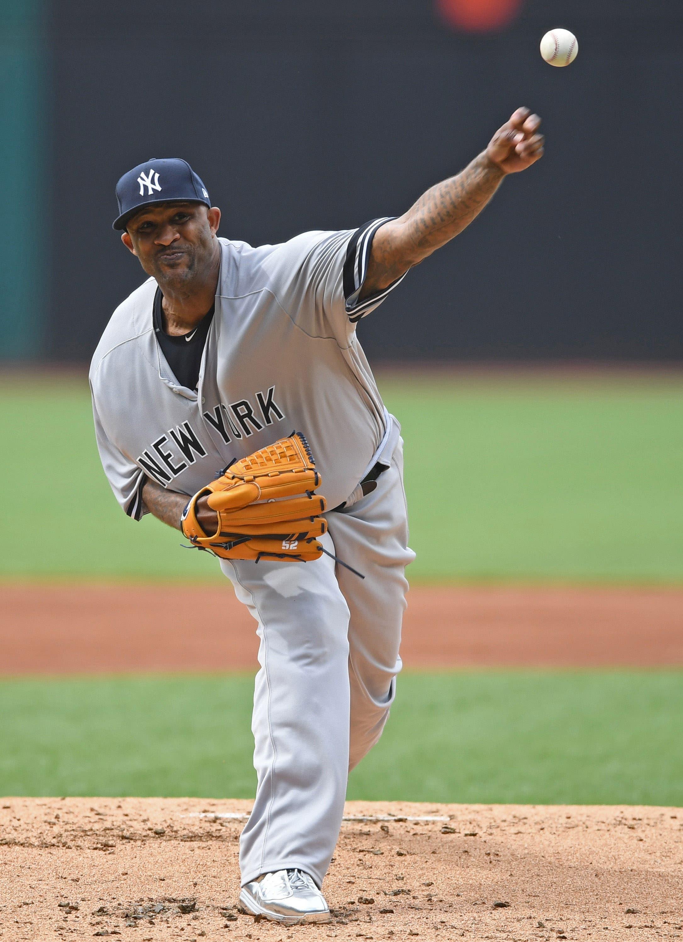 Jun 8, 2019; Cleveland, OH, USA; New York Yankees starting pitcher CC Sabathia (52) throws a pitch during the first inning of a game against the Cleveland Indians at Progressive Field. Mandatory Credit: David Dermer-USA TODAY Sports / David Dermer