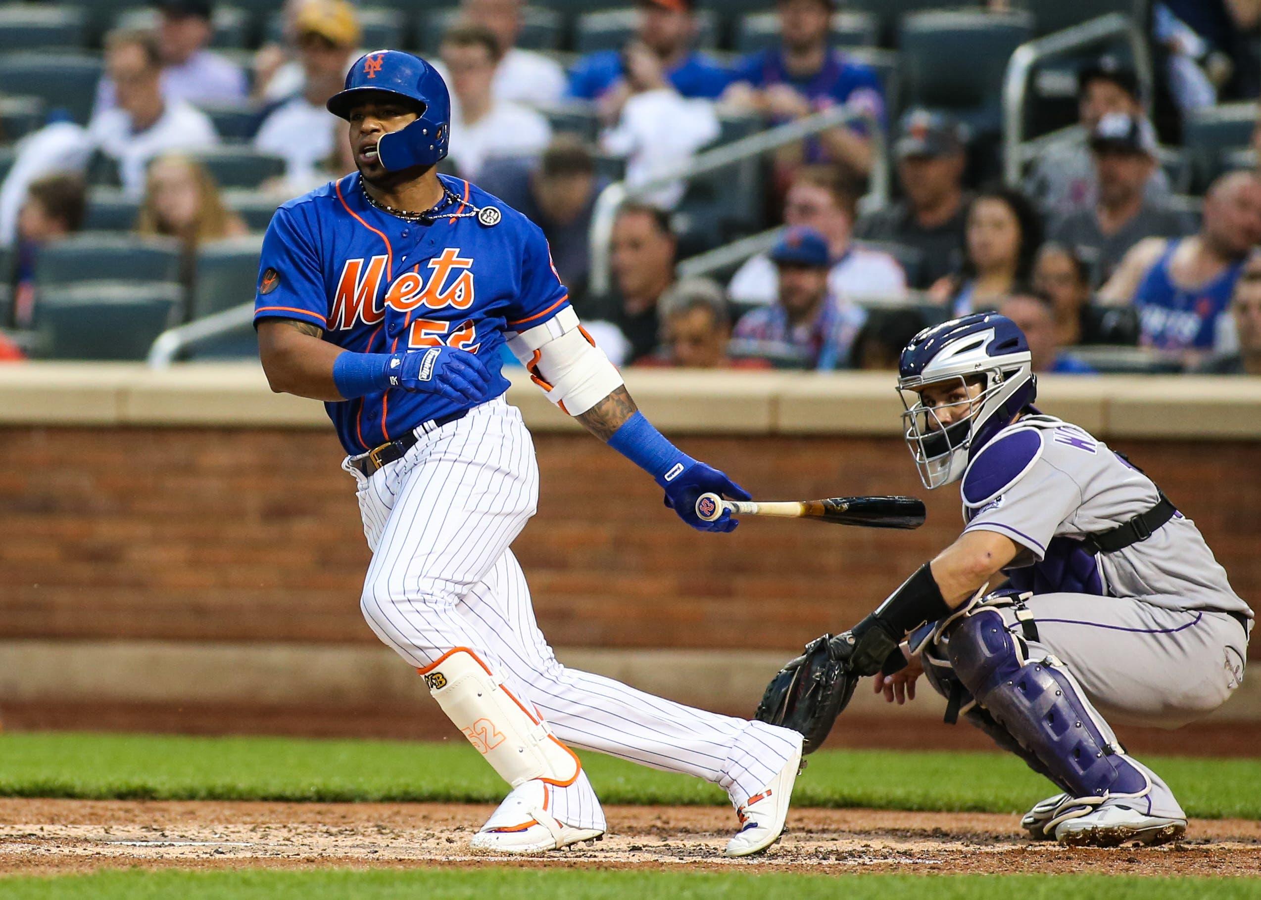 May 4, 2018; New York City, NY, USA; New York Mets left fielder Yoenis Cespedes (52) at Citi Field. Mandatory Credit: Wendell Cruz-USA TODAY Sports / Wendell Cruz