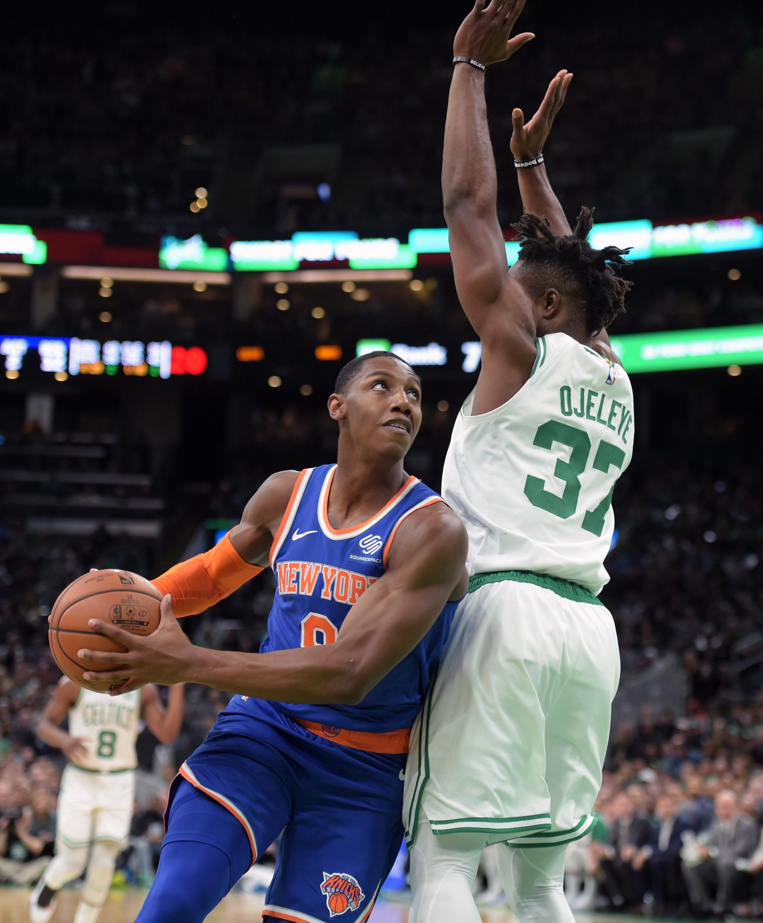 Nov 1, 2019; Boston, MA, USA; Boston Celtics forward Semi Ojeleye (37) defends New York Knicks forward RJ Barrett (9) during the first half at TD Garden. Mandatory Credit: Bob DeChiara-USA TODAY Sports