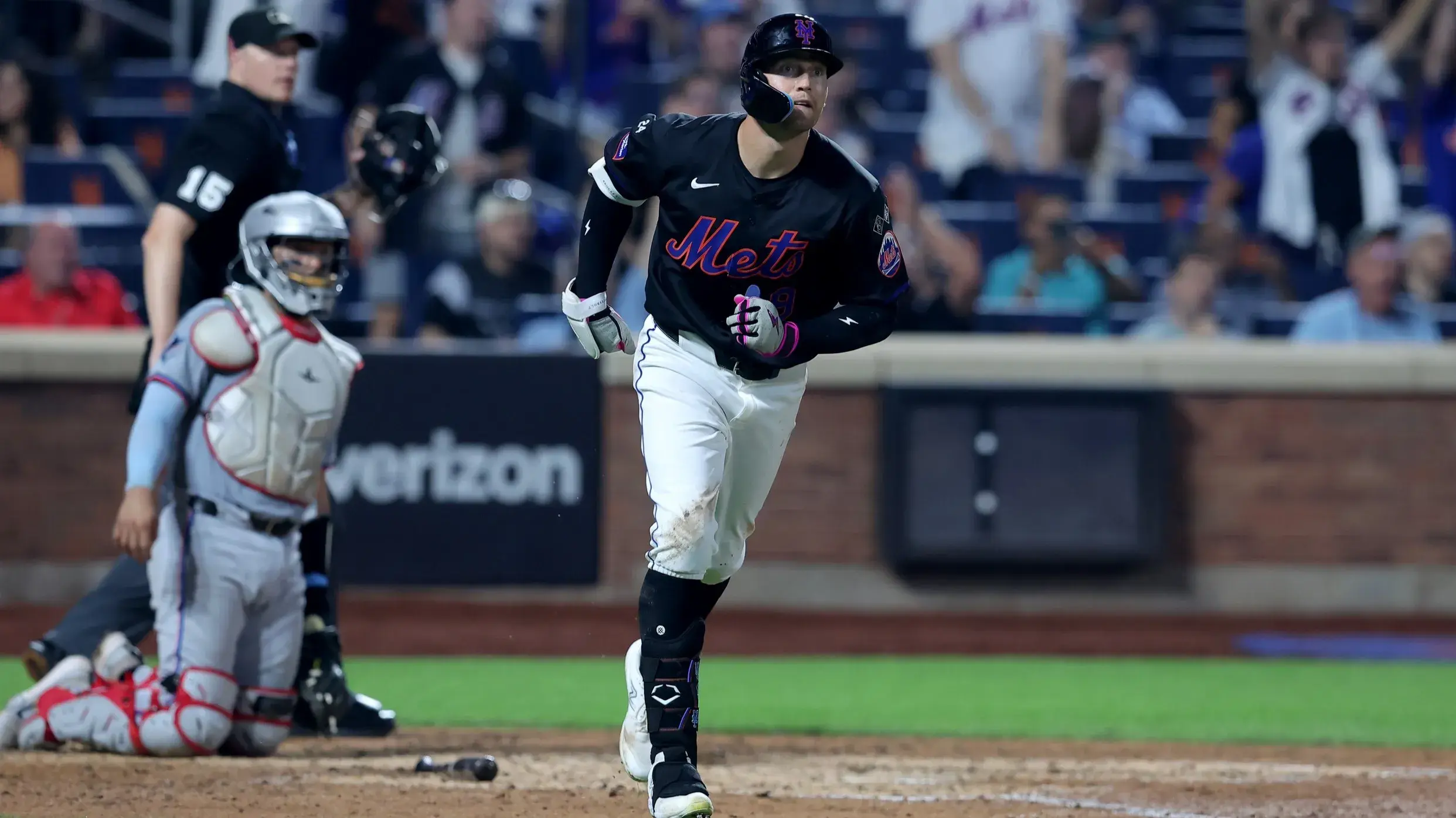 Aug 16, 2024; New York City, New York, USA; New York Mets left fielder Brandon Nimmo (9) rounds the bases after hitting a three run home run against the Miami Marlins during the fourth inning at Citi Field. / Brad Penner-USA TODAY Sports