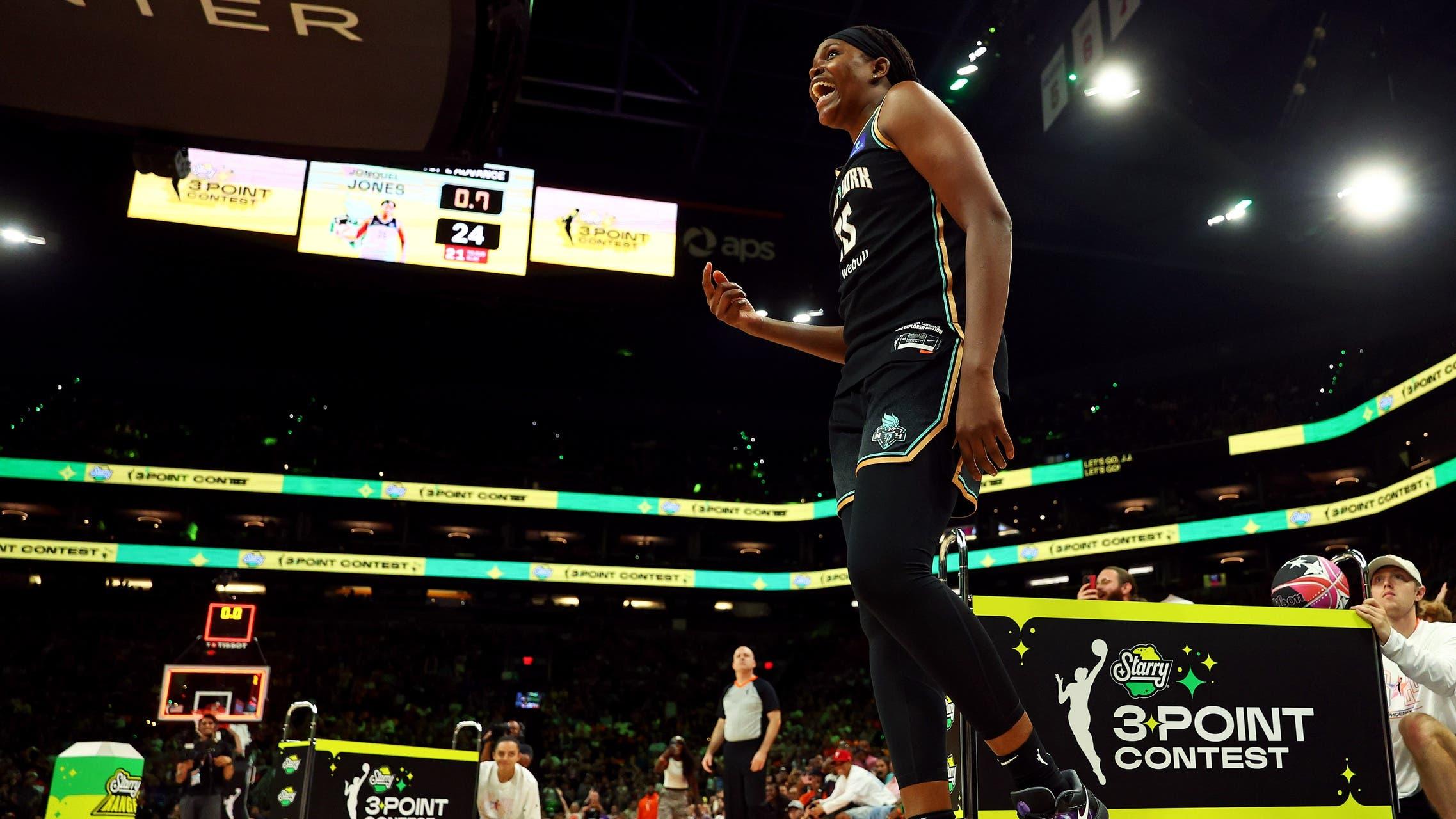 Jul 19, 2024; Phoenix, AZ, USA; New York Liberty player Jonquel Jones participates in the 3-point contest during the WNBA All-Star Skills Night at the Footprint Center. / Mark J. Rebilas-USA TODAY Sports