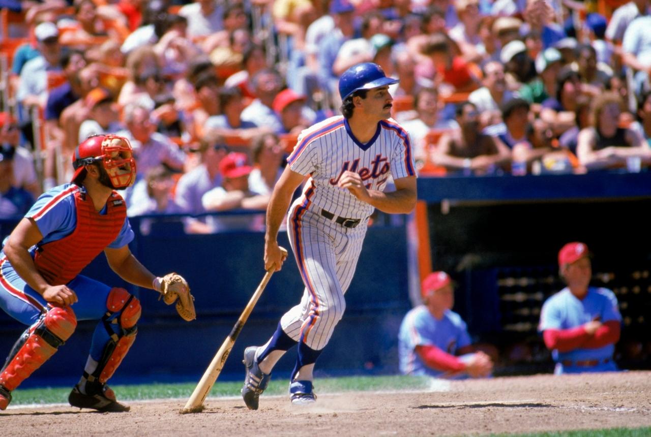 FLUSHING, NY: Keith Hernandez #17 of the New York Mets watches the flight of the ball as he heads to first base during a game at Shea Stadium in Flushing, New York. Hernandez played for the Mets from 1983-1989. (Photo by MLB Photos via Getty Images)