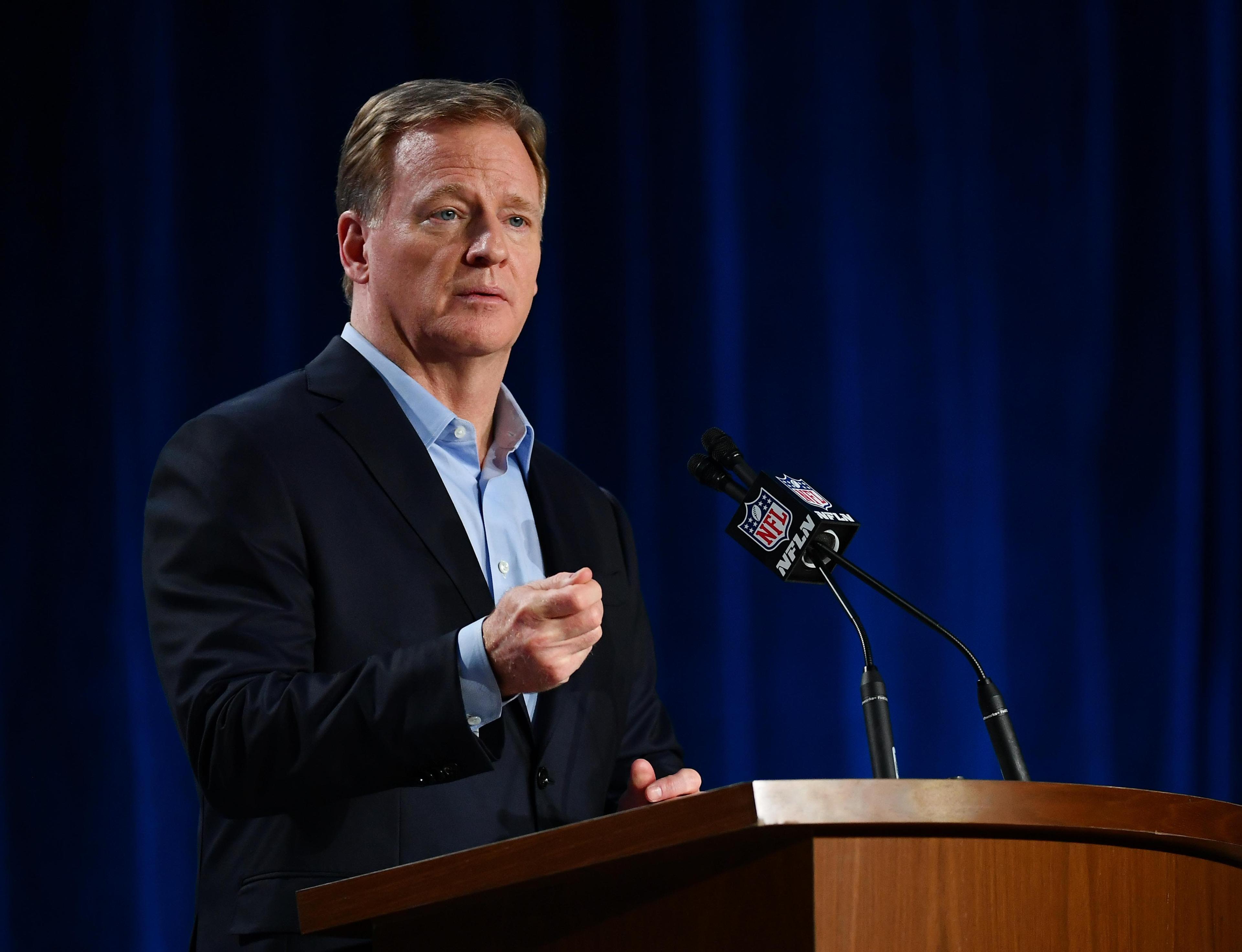 Jan 29, 2020; Miami, Florida, USA; NFL commissioner Roger Goodell during a press conference before Super Bowl LIV at Hilton Downtown. Mandatory Credit: Jasen Vinlove-USA TODAY Sports / Jasen Vinlove