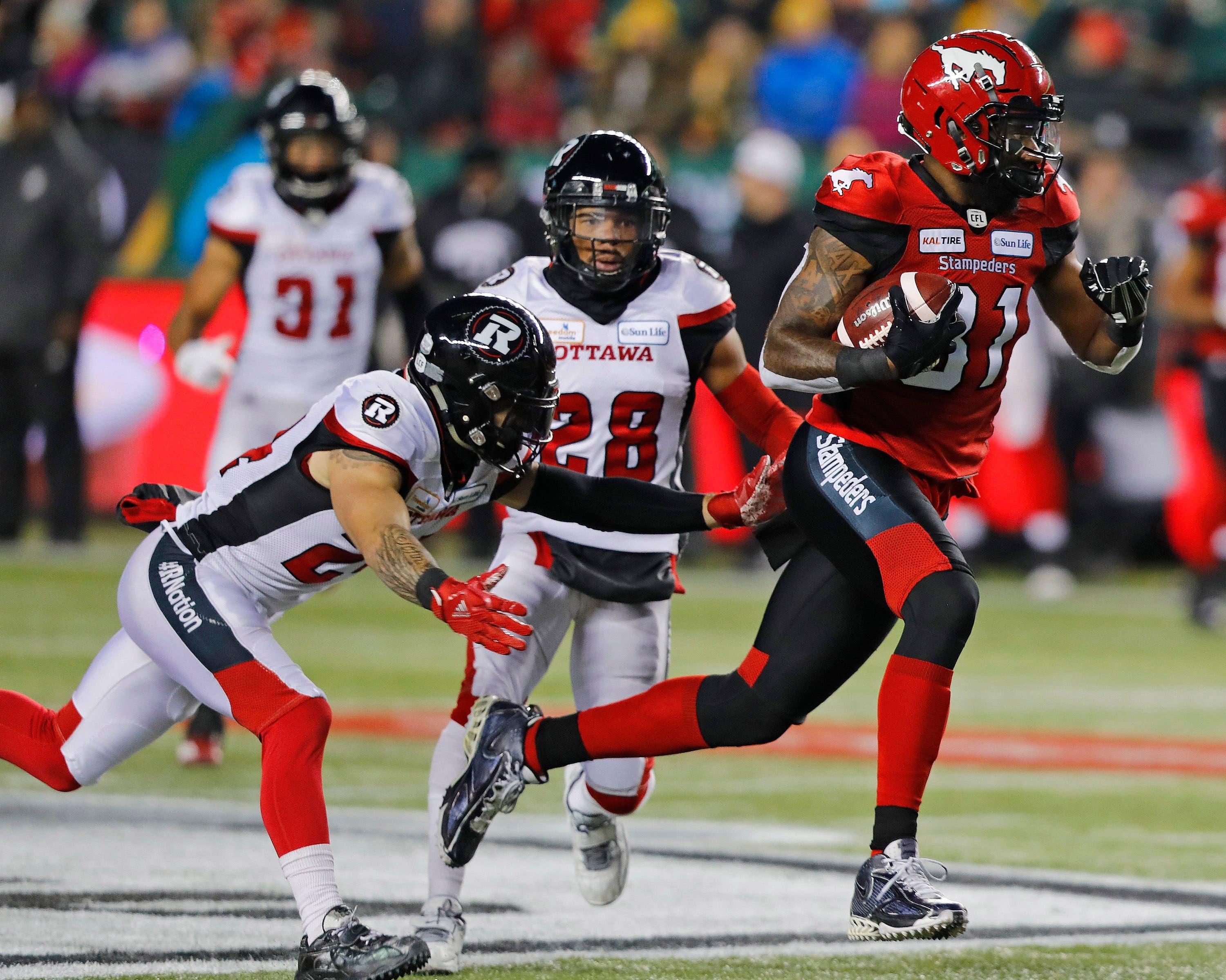 Nov 25, 2018; Edmonton, Alberta, CAN; Ottawa RedBlacks defensive back Anthony Cioffi (24) tries to catch Calgary Stampeders wide receiver Chris Matthews (81) during the 106th Grey Cup game at The Brick Field at Commonwealth Stadium. Mandatory Credit: Perry Nelson-USA TODAY Sports / Perry Nelson