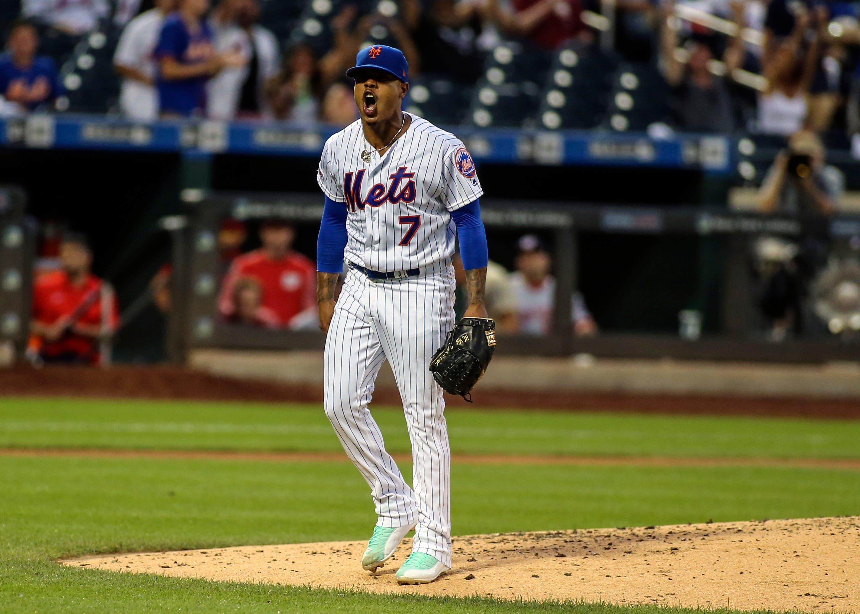 Aug 9, 2019; New York City, NY, USA; New York Mets pitcher Marcus Stroman (7) reacts after a strikeout to end the third inning against the Washington Nationals at Citi Field. Mandatory Credit: Wendell Cruz-USA TODAY Sports / Wendell Cruz