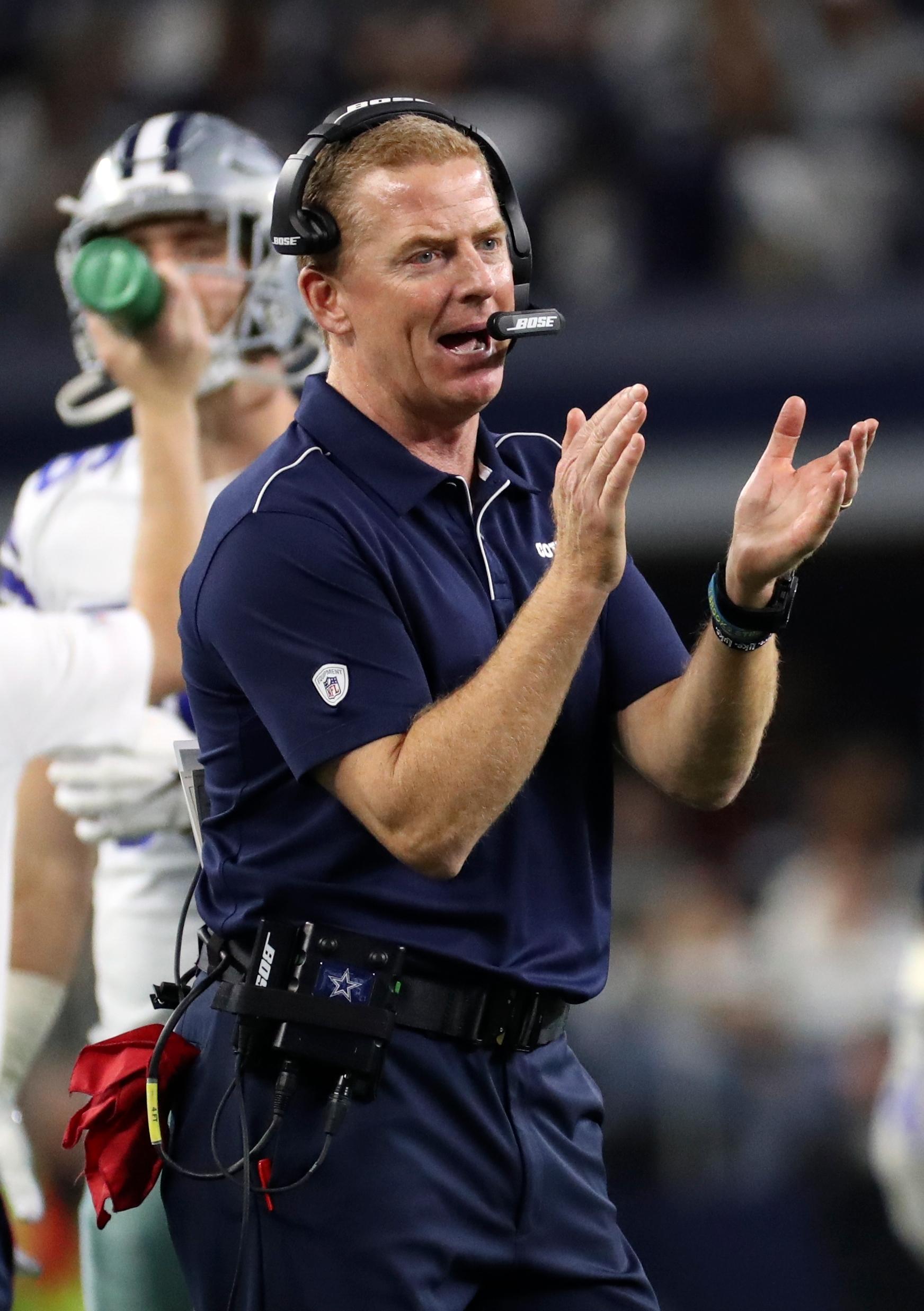 Dec 29, 2019; Arlington, Texas, USA; Dallas Cowboys head coach Jason Garrett reacts during the game against the Washington Redskins at AT&T Stadium. Mandatory Credit: Kevin Jairaj-USA TODAY Sports 