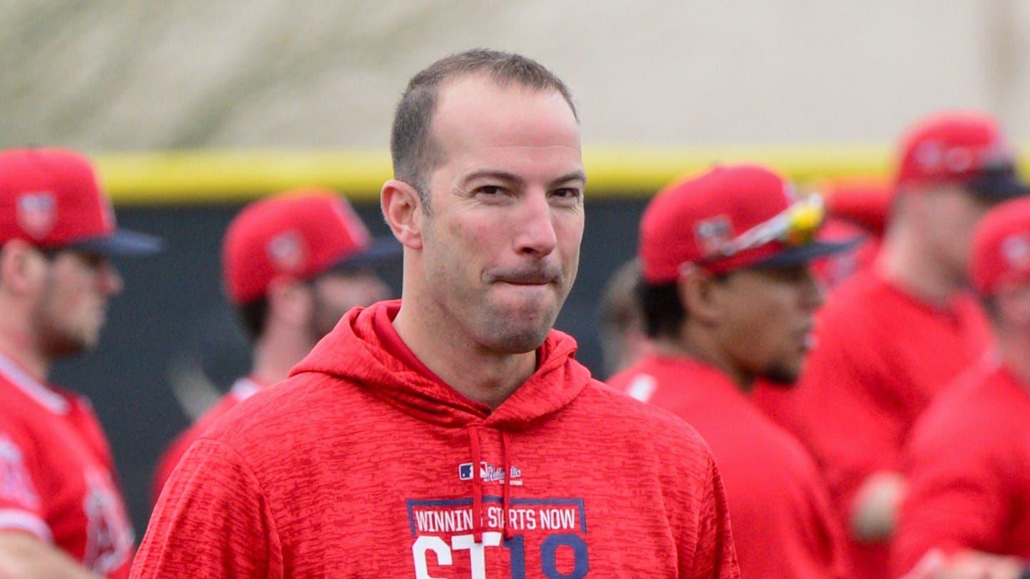 Feb 14, 2018; Tempe, AZ, USA; Los Angeles Angels general manager Billy Eppler looks on during a workout at Tempe Diablo Stadium. Mandatory Credit: Matt Kartozian-USA TODAY Sports / Matt Kartozian-USA TODAY Sports