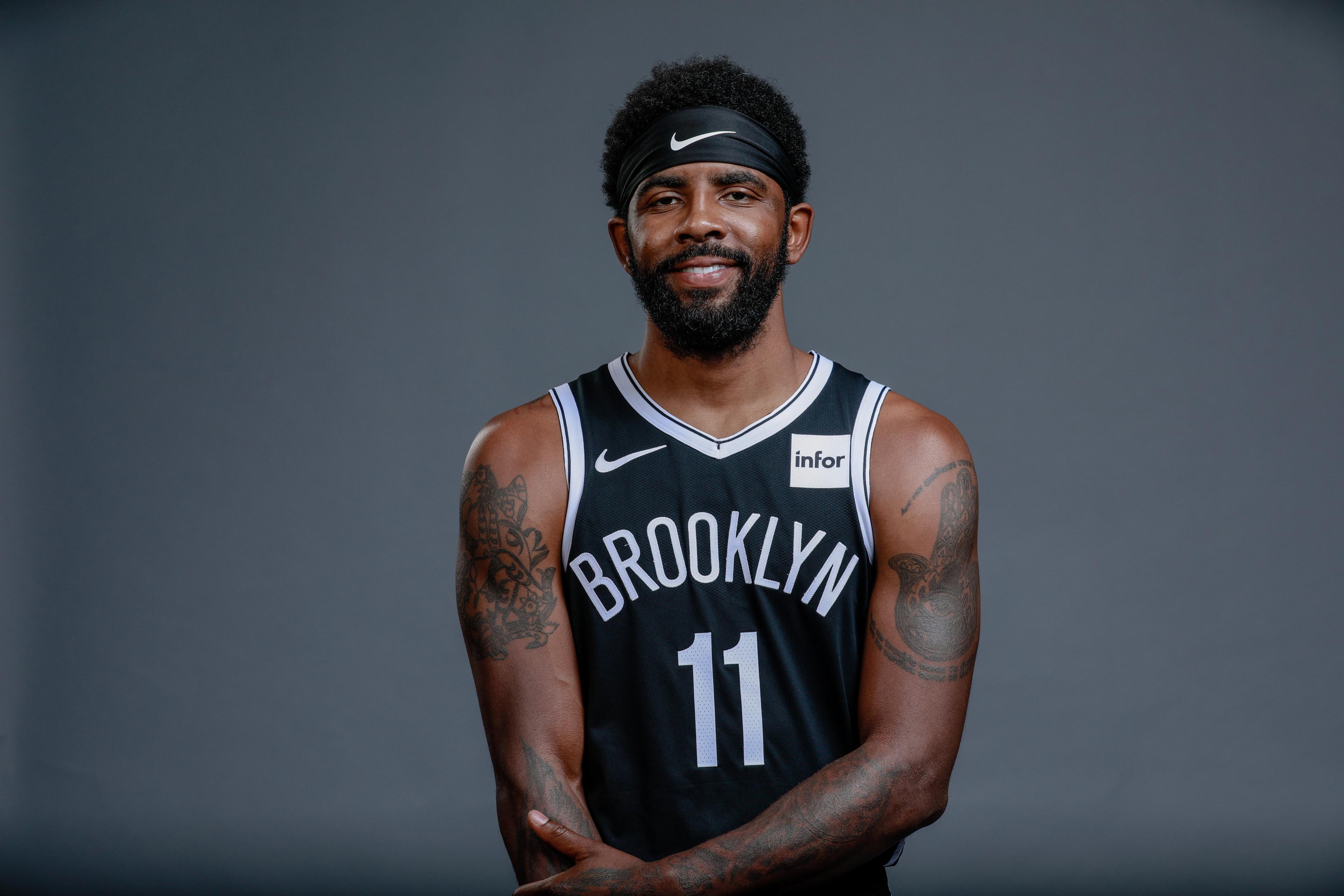 Sep 27, 2019; Brooklyn, NY, USA; Brooklyn Nets guard Kyrie Irving (11) poses for a portrait during media day at HSS Training Center. Mandatory Credit: Nicole Sweet-USA TODAY Sports / Nicole Sweet