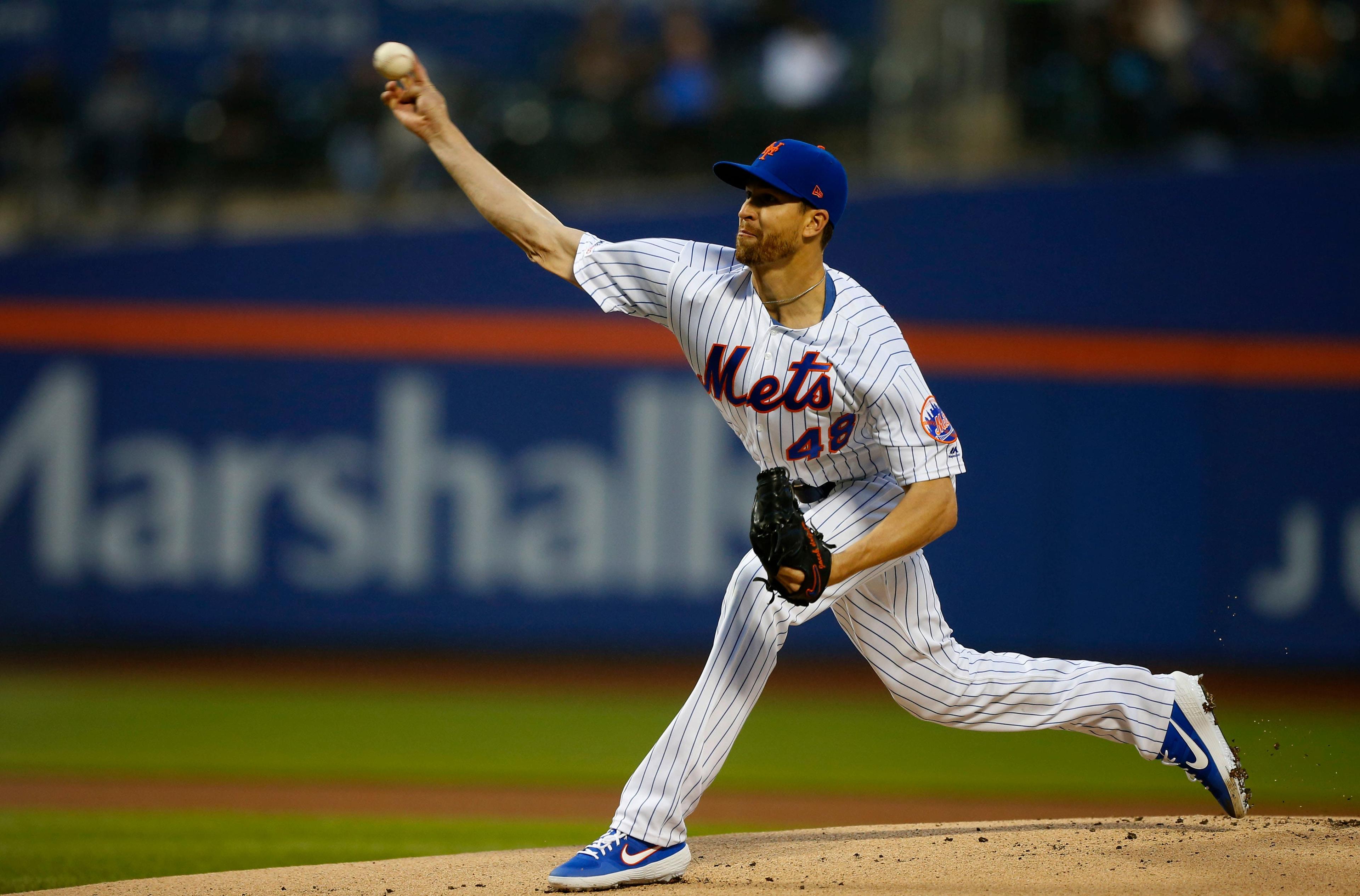 May 1, 2019; New York City, NY, USA; New York Mets starting pitcher Jacob deGrom (48) throws the ball against theCincinnati Reds in the first inning at Citi Field. Mandatory Credit: Noah K. Murray-USA TODAY Sports / Noah K. Murray