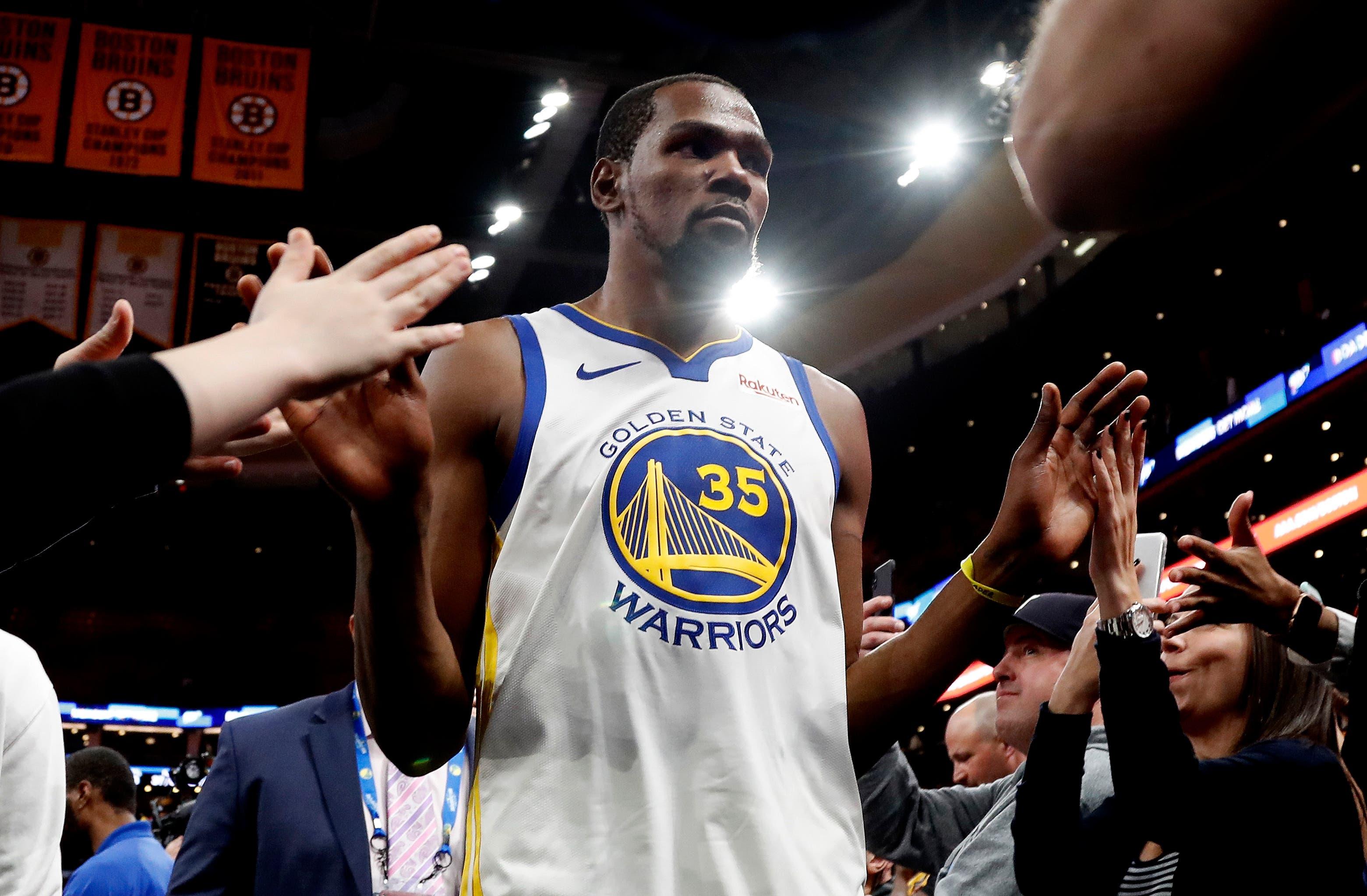 Jan 26, 2019; Boston, MA, USA; Golden State Warriors forward Kevin Durant (35) leaves the court after a 115-111 victory over the Boston Celtics at TD Garden. Mandatory Credit: Winslow Townson-USA TODAY Sports / Winslow Townson