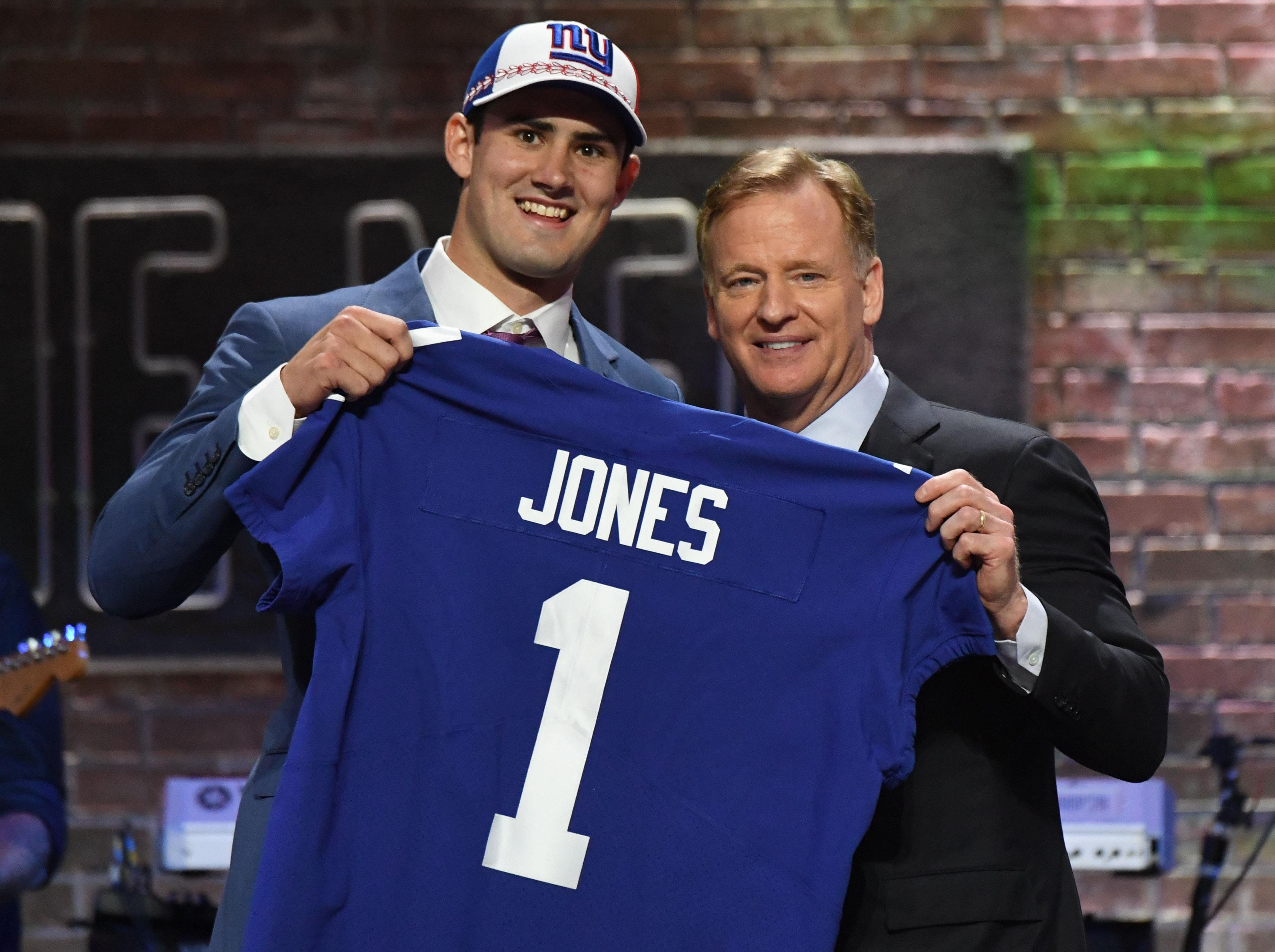 Apr 25, 2019; Nashville, TN, USA; Daniel Jones (Duke) is selected as the number six overall pick to the New York Giants and poses for a photo with NFL commissioner Roger Goodell during the 2019 NFL Draft in Downtown Nashville. Mandatory Credit: Kirby Lee-USA TODAY Sports / Kirby Lee