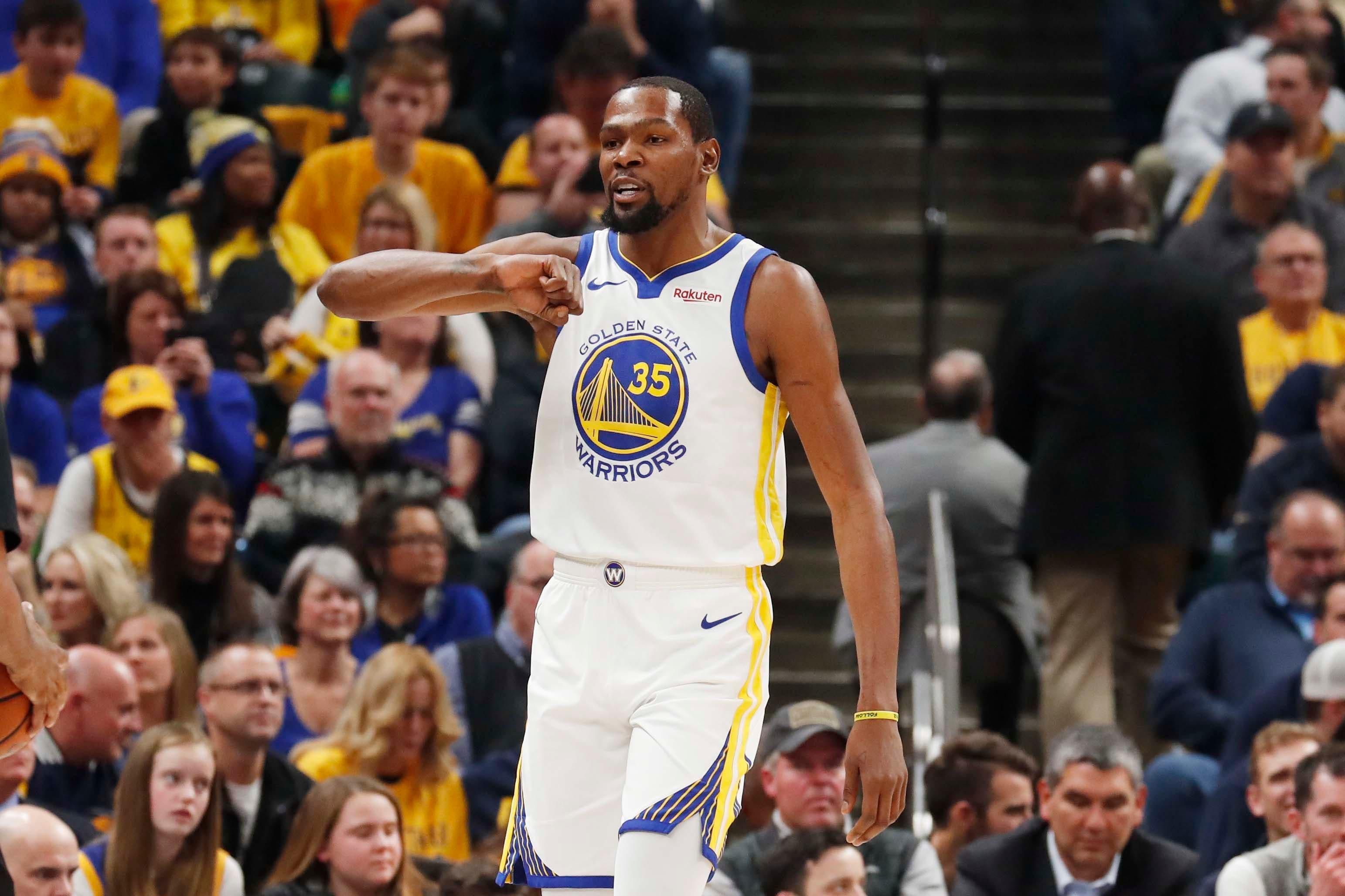 Jan 28, 2019; Indianapolis, IN, USA; Golden State Warriors forward Kevin Durant (35) reacts by pounding on his chest after making a play against the Indiana Pacers during the first quarter at Bankers Life Fieldhouse. Mandatory Credit: Brian Spurlock-USA TODAY Sports / Brian Spurlock