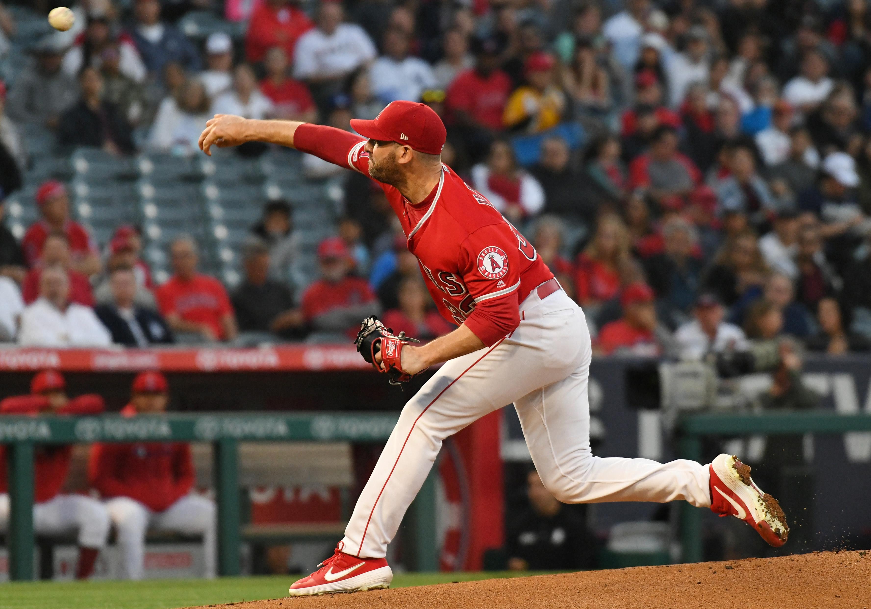 Los Angeles Angels starting pitcher Matt Harvey pitches against the New York Yankees in the first inning at Angel Stadium of Anaheim.