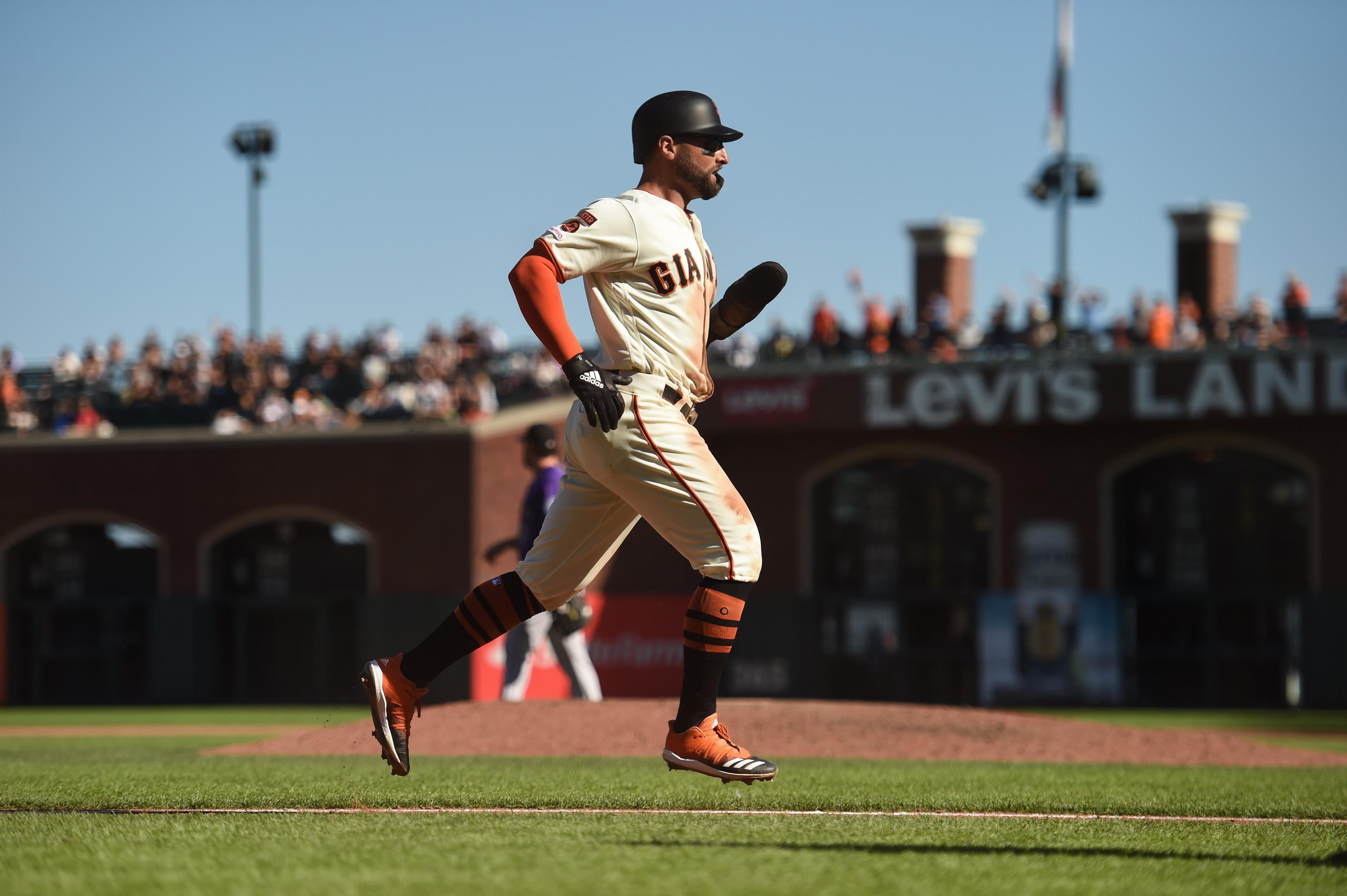 Sep 26, 2019; San Francisco, CA, USA; San Francisco Giants center fielder Kevin Pillar (1) comes home to score from third base in the eighth inning against the Colorado Rockies at Oracle Park. Mandatory Credit: Cody Glenn-USA TODAY Sports / Cody Glenn