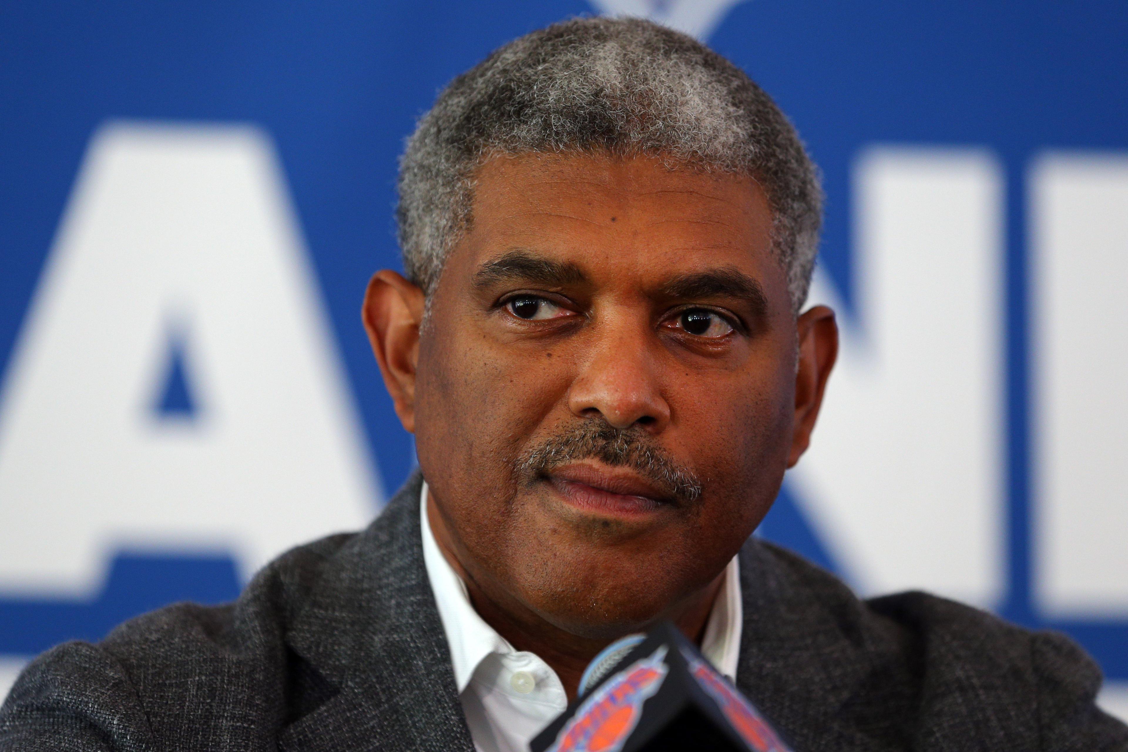 New York Knicks president Steve Mills speaks to the media on media day at MSG Training Center.