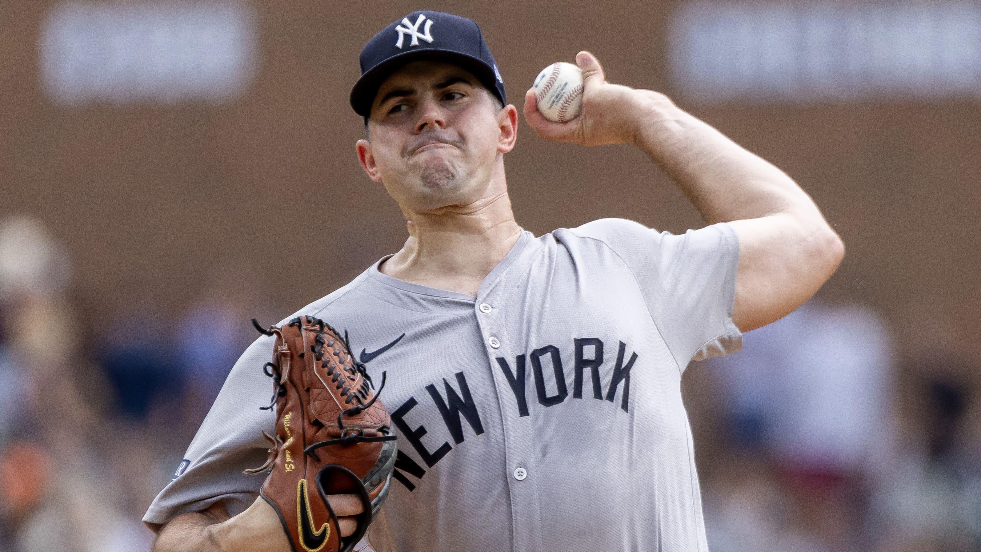 Aug 17, 2024; Detroit, Michigan, USA; New York Yankees starting pitcher Carlos Rodón (55) delivers in the first inning against the Detroit Tigers at Comerica Park. Mandatory Credit: David Reginek-USA TODAY Sports / © David Reginek-USA TODAY Sports