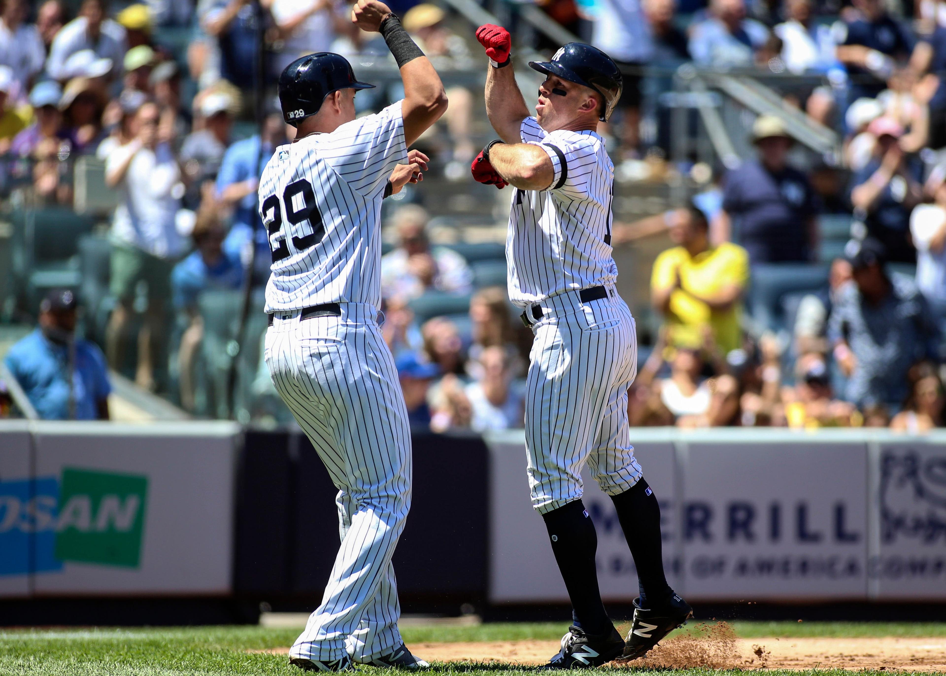 May 27, 2019; Bronx, NY, USA; New York Yankees left fielder Brett Gardner (11) is greeted by third baseman Gio Urshela (29) after hitting a two run home run in the second inning against the San Diego Padres at Yankee Stadium. Mandatory Credit: Wendell Cruz-USA TODAY Sports / Wendell Cruz