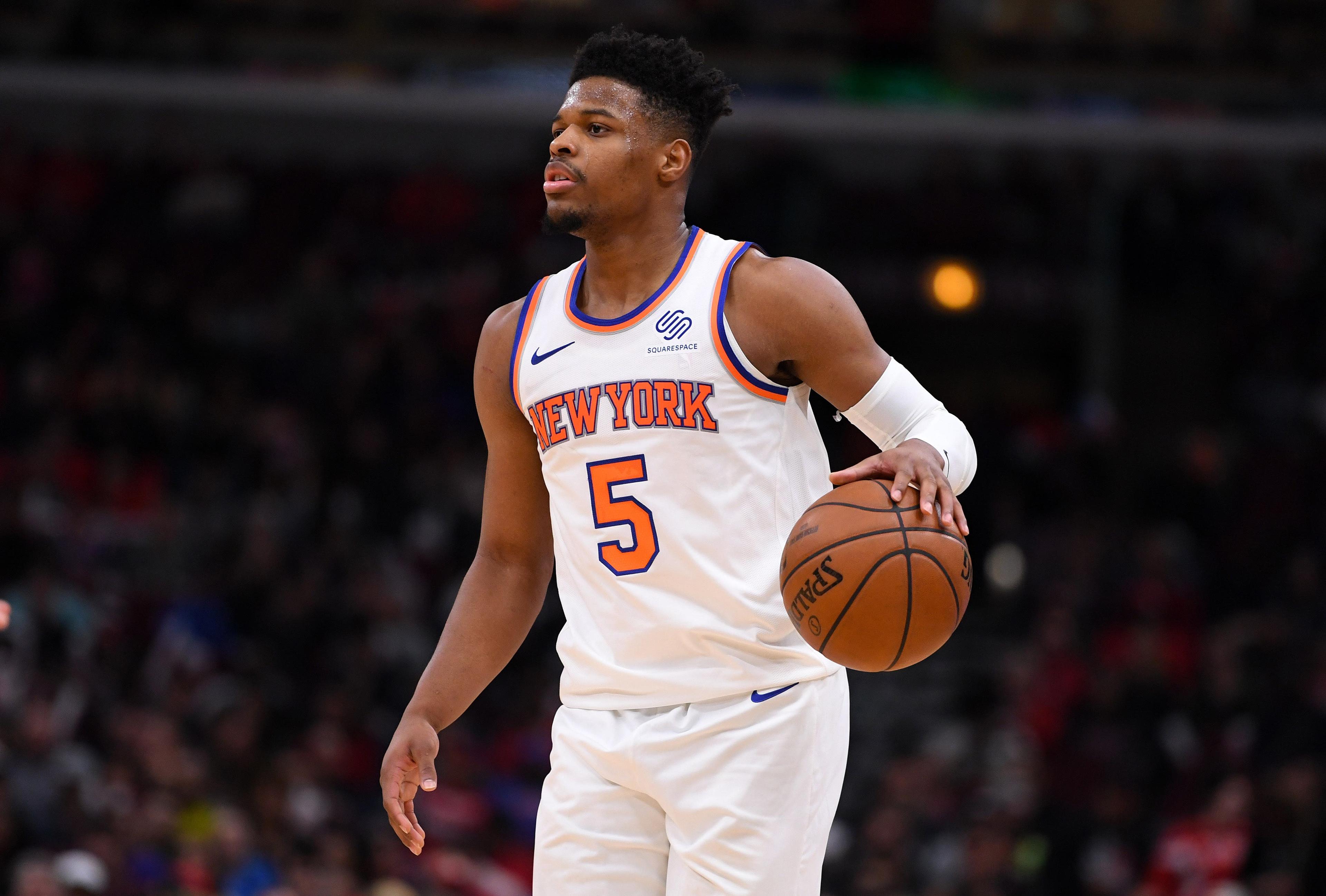 Apr 9, 2019; Chicago, IL, USA; New York Knicks guard Dennis Smith Jr. (5) dribbles the ball against the Chicago Bulls during the second half at the United Center. Mandatory Credit: Mike DiNovo-USA TODAY Sports / Mike Dinovo