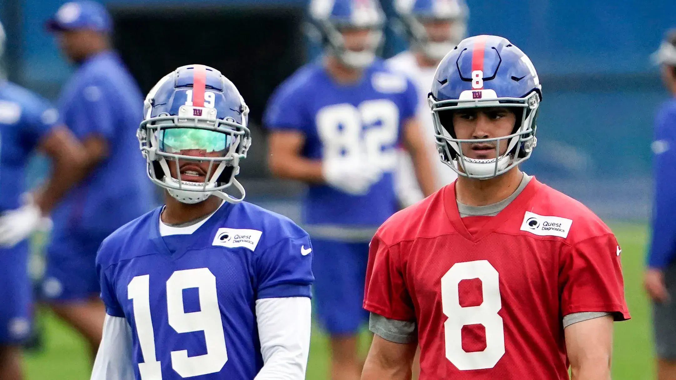 Daniel Jones and Kenny Golladay at Giants practice / Danielle Parhizkaran/NorthJersey.com-Imagn Content Services, LLC