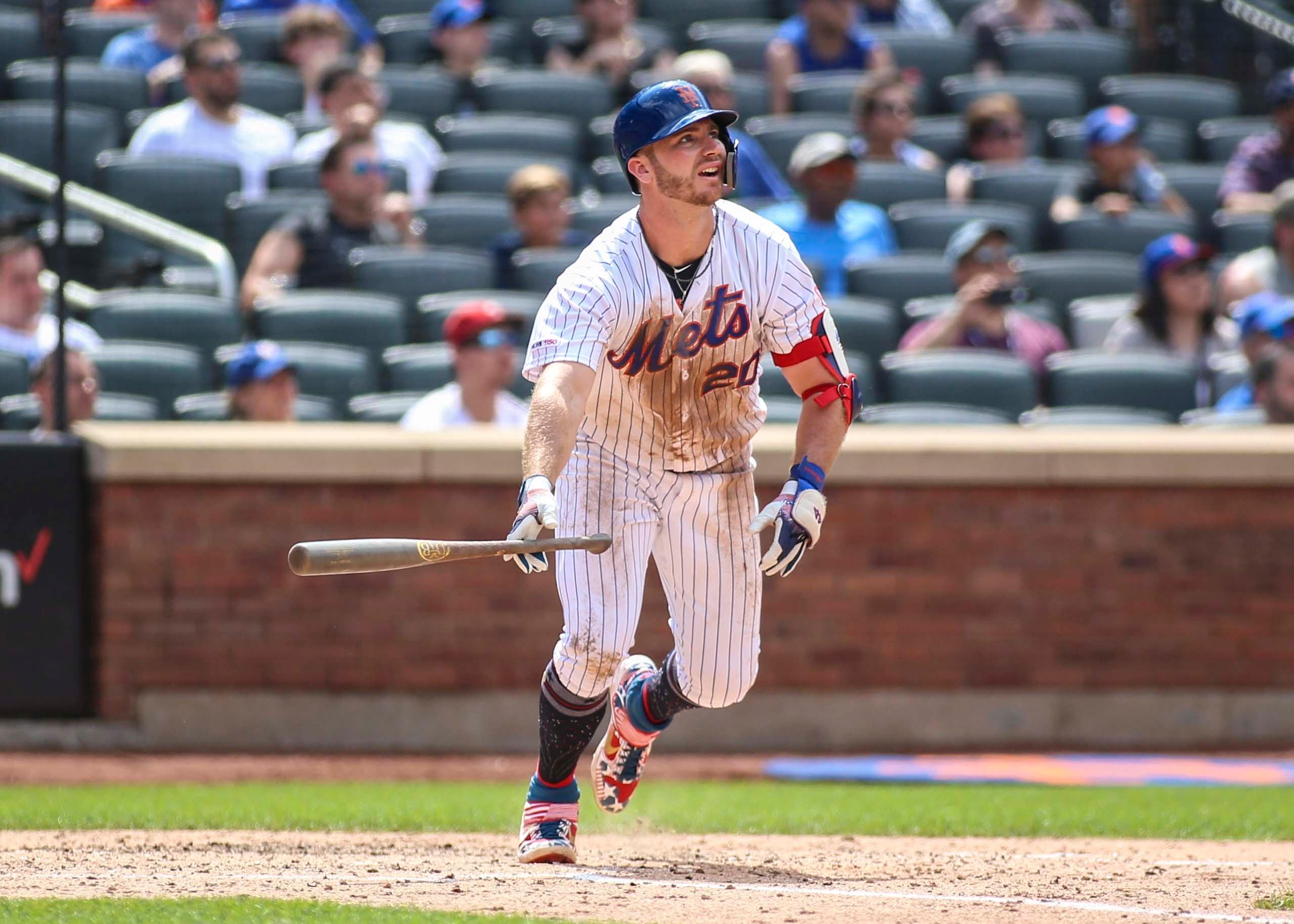 New York Mets first baseman Pete Alonzo hits a two-run home run in the sixth inning against the Philadelphia Phillies at Citi Field.