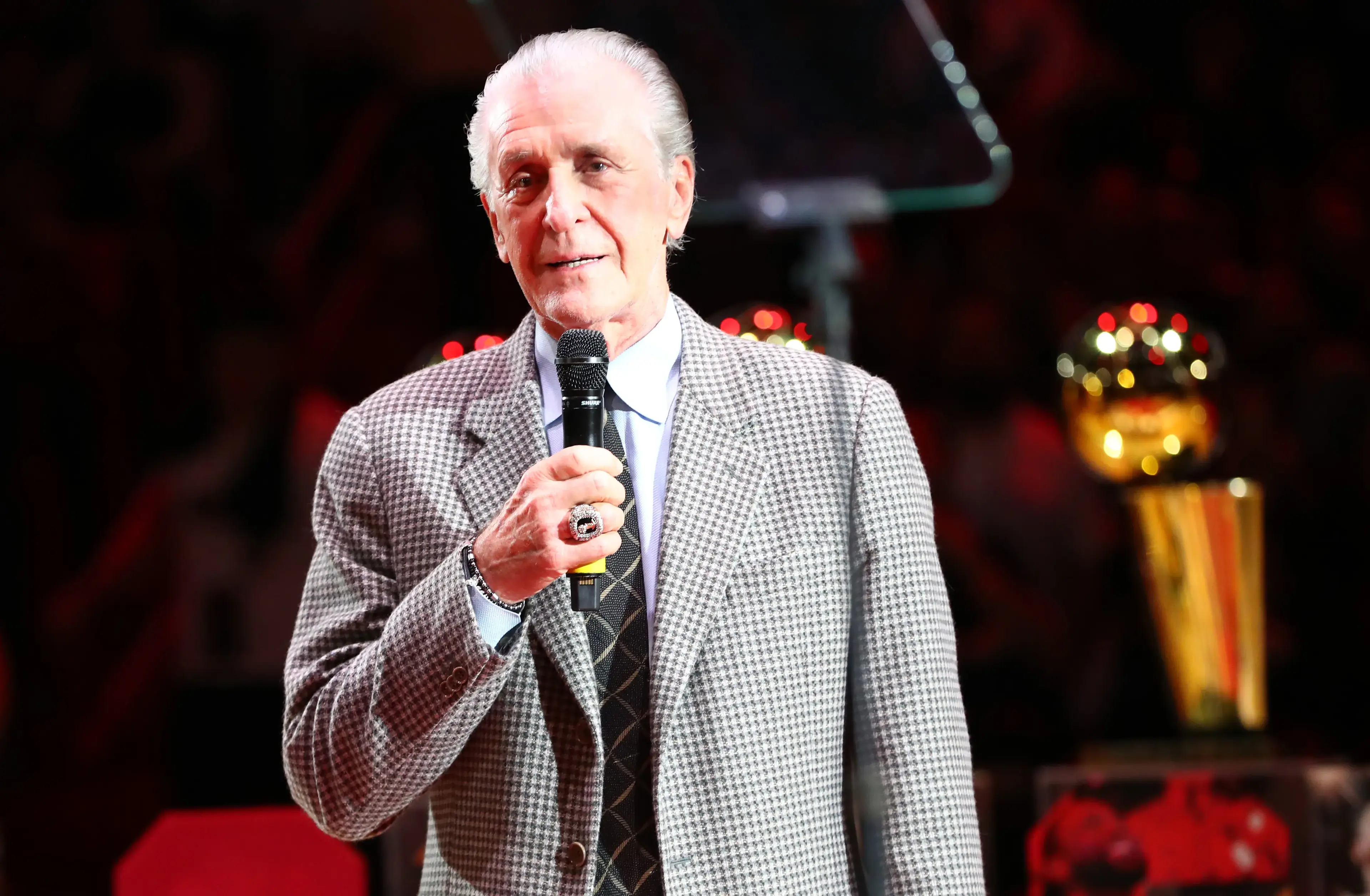 Feb 22, 2020; Miami, Florida, USA; Miami Heat president Pat Riley speaks during a jersey and number retirement ceremony for Dwyane Wade (not pictured) at American Airlines Arena. Mandatory Credit: Kim Klement-USA TODAY Sports / © Kim Klement-USA TODAY Sports