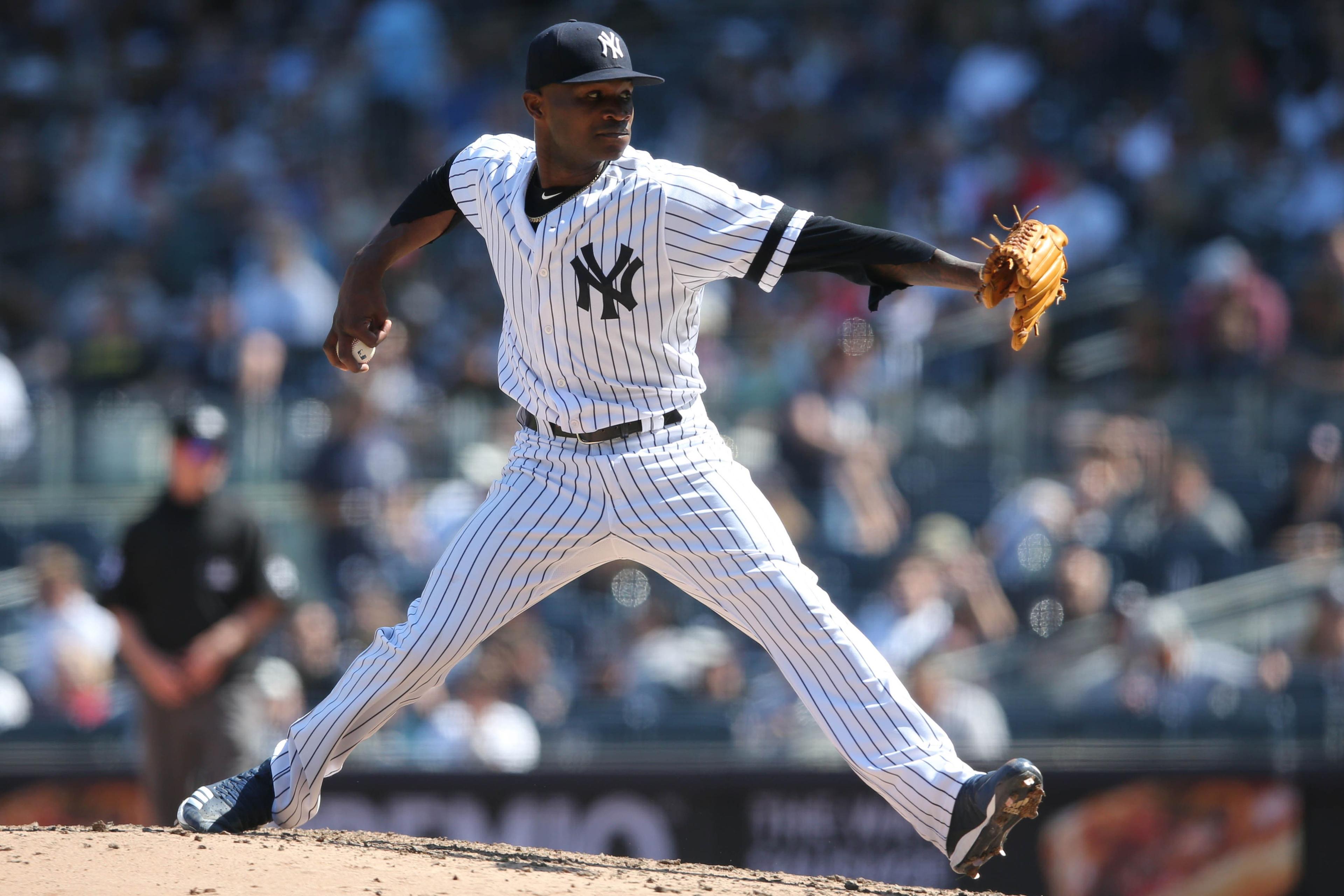 Apr 13, 2019; Bronx, NY, USA; New York Yankees relief pitcher Domingo German (55) pitches against the Chicago White Sox during the seventh inning at Yankee Stadium. Mandatory Credit: Brad Penner-USA TODAY Sports / Brad Penner