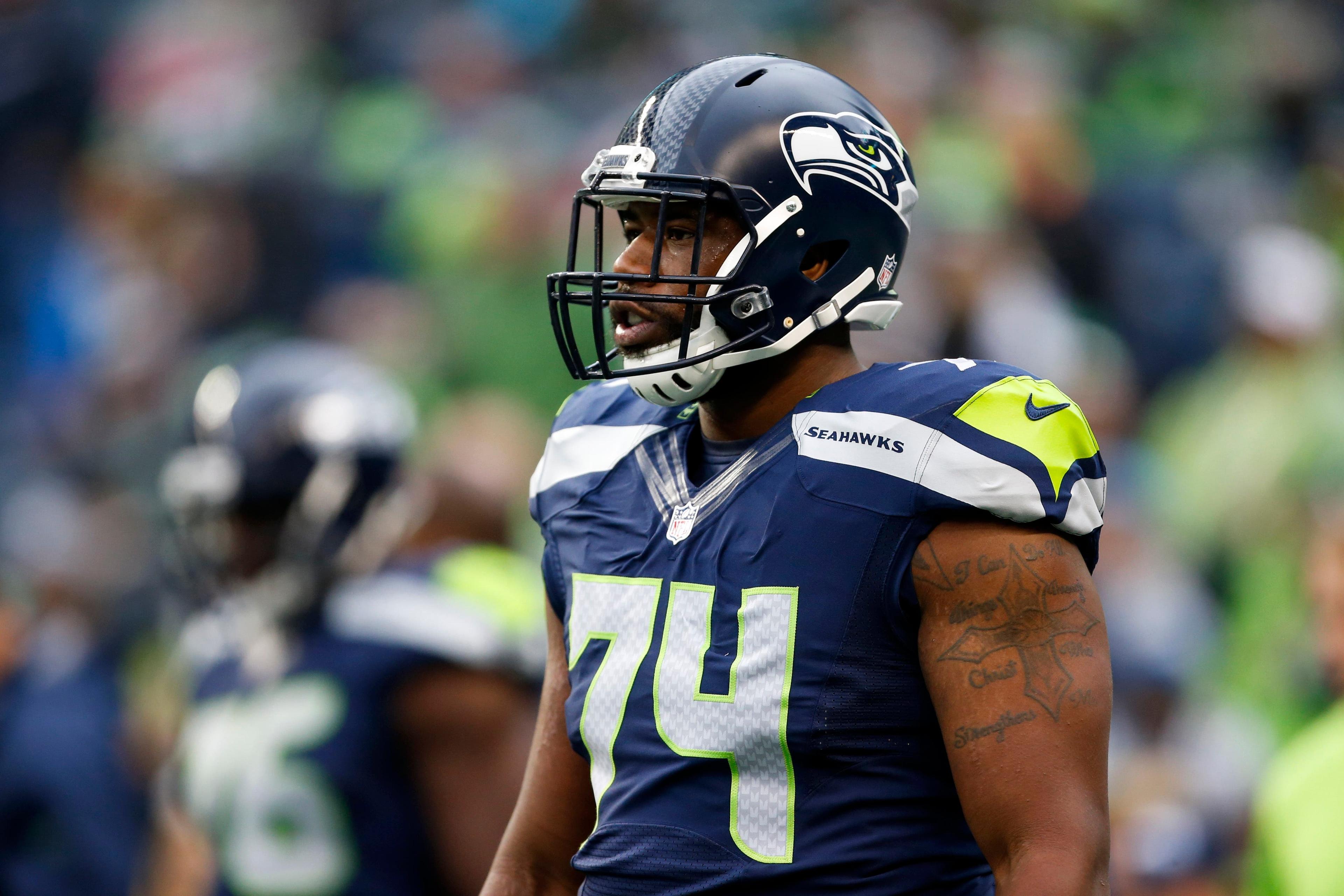 Nov 20, 2016; Seattle, WA, USA; Seattle Seahawks offensive tackle George Fant (74) participates in pregame warmups against the Philadelphia Eagles at CenturyLink Field. Mandatory Credit: Joe Nicholson-USA TODAY Sports / Joe Nicholson