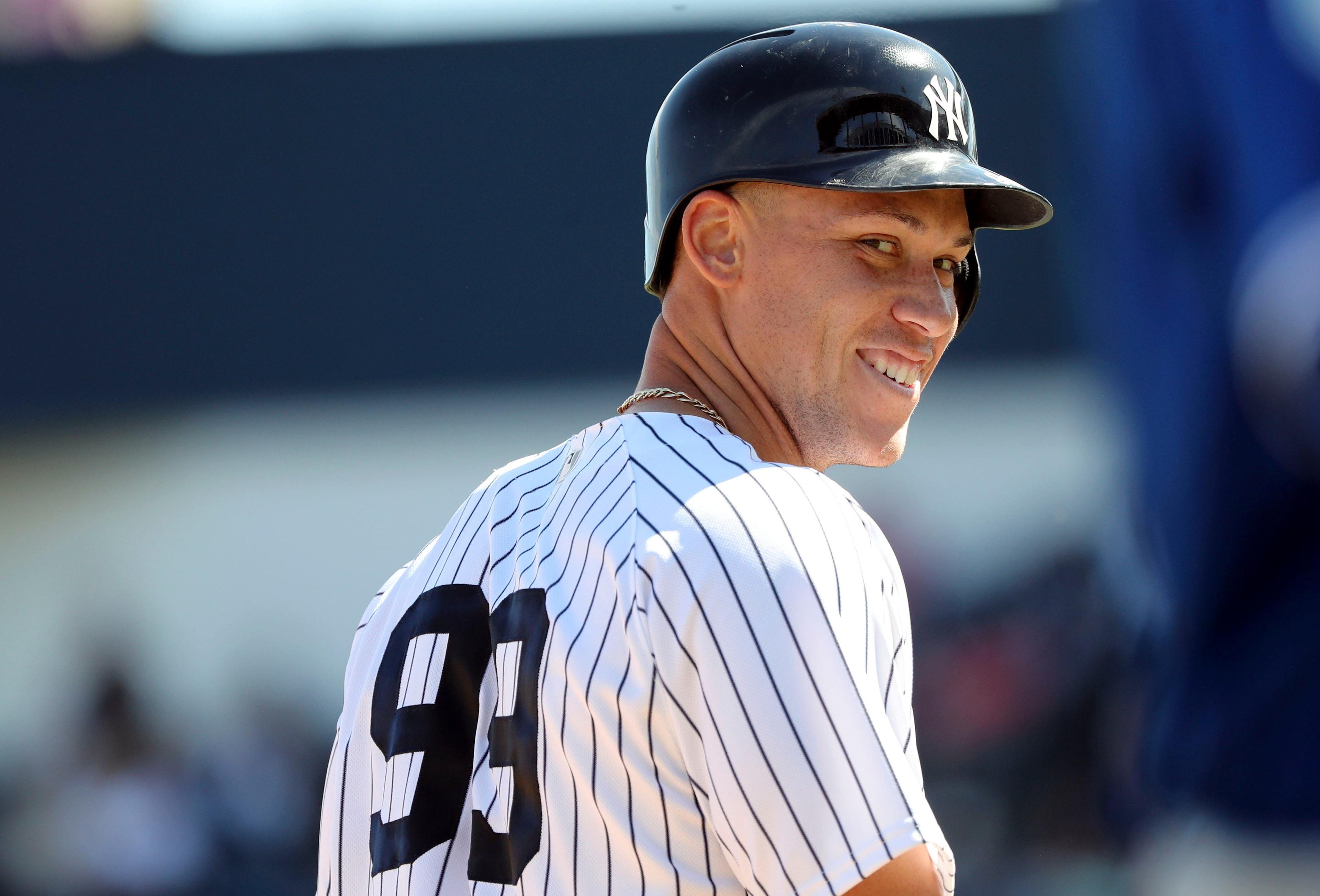 New York Yankees right fielder Aaron Judge smiles during the third inning against the Toronto Blue Jays at George M. Steinbrenner Field. / Kim Klement/USA TODAY Sports