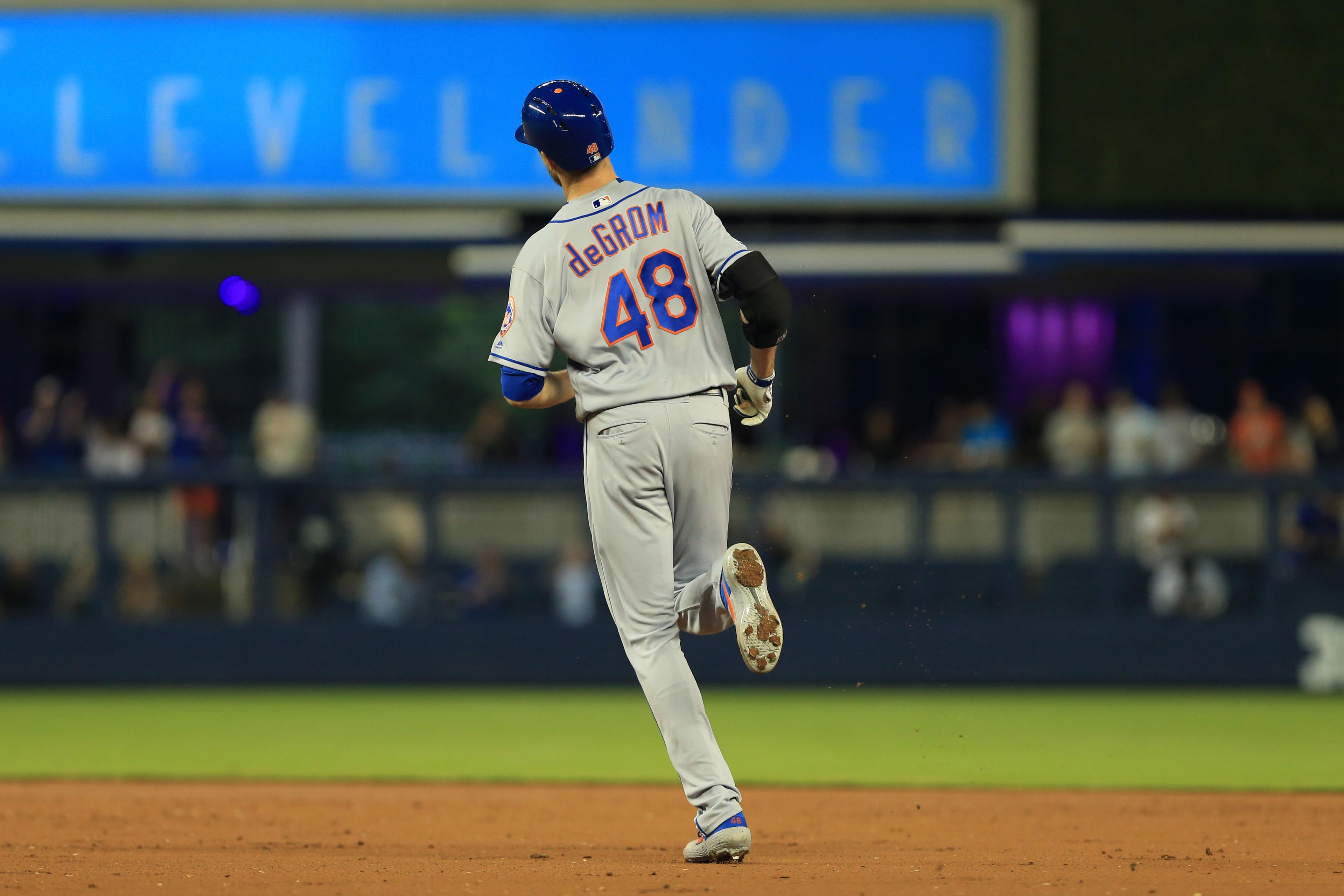 Apr 3, 2019; Miami, FL, USA; New York Mets starting pitcher Jacob deGrom (48) runs the bases after hitting a home run in the third inning of the game against the Miami Marlins at Marlins Park. Mandatory Credit: Sam Navarro-USA TODAY Sports