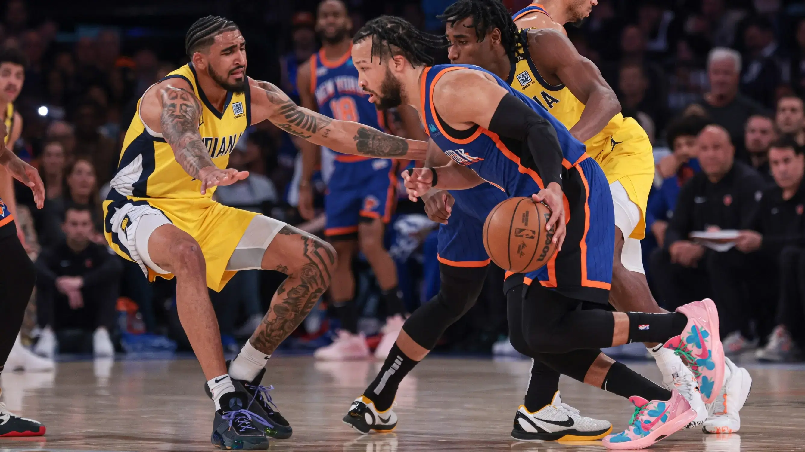 May 14, 2024; New York, New York, USA; New York Knicks guard Jalen Brunson (11) dribbles against Indiana Pacers forward Obi Toppin (1) during the first half during game five of the second round for the 2024 NBA playoffs at Madison Square Garden. / Vincent Carchietta-USA TODAY Sports