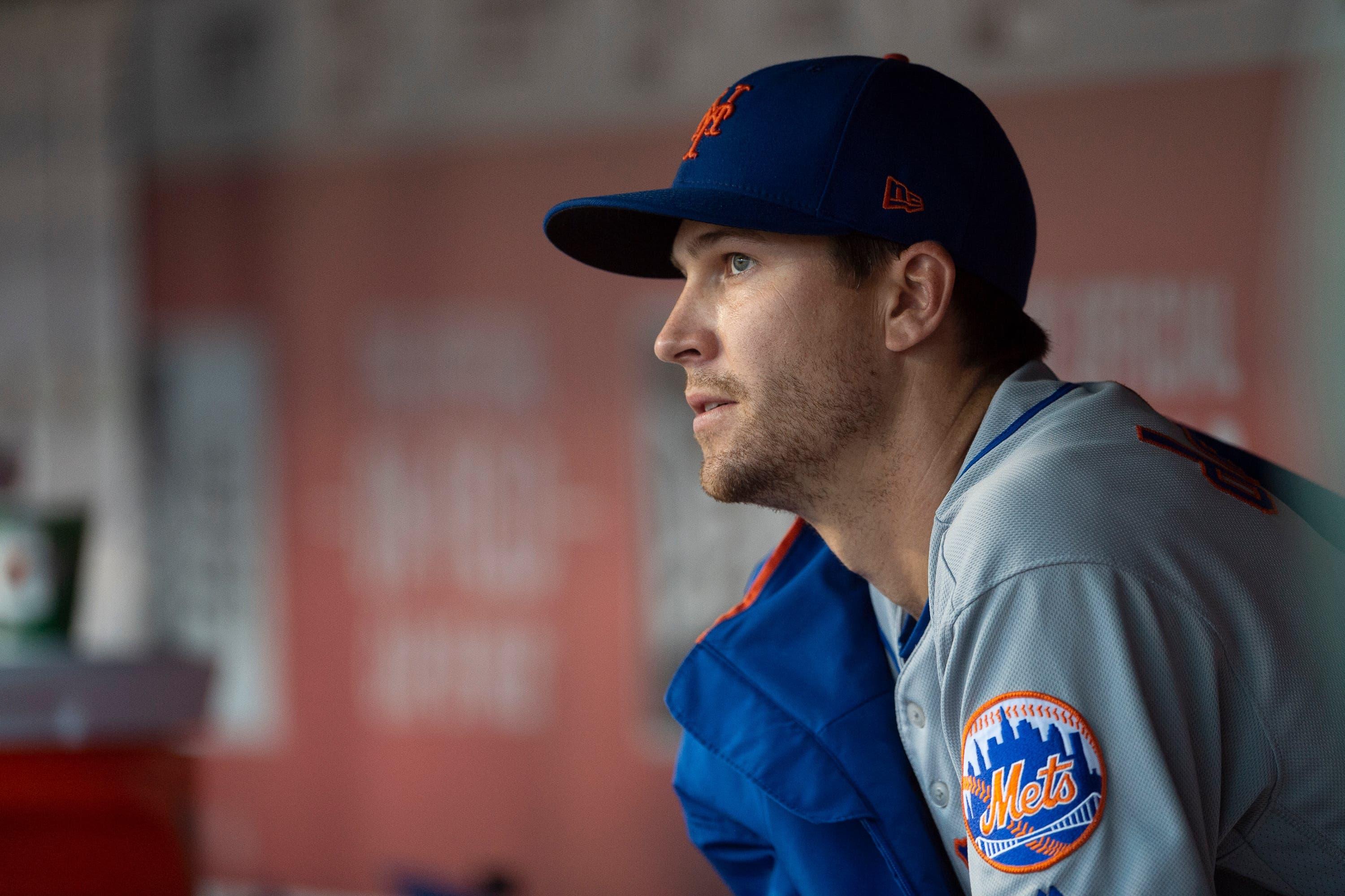 Sep 3, 2019; Washington, DC, USA; New York Mets starting pitcher Jacob deGrom (48) sits in the dugout during the second inning against the Washington Nationals at Nationals Park. Mandatory Credit: Tommy Gilligan-USA TODAY Sports / Tommy Gilligan