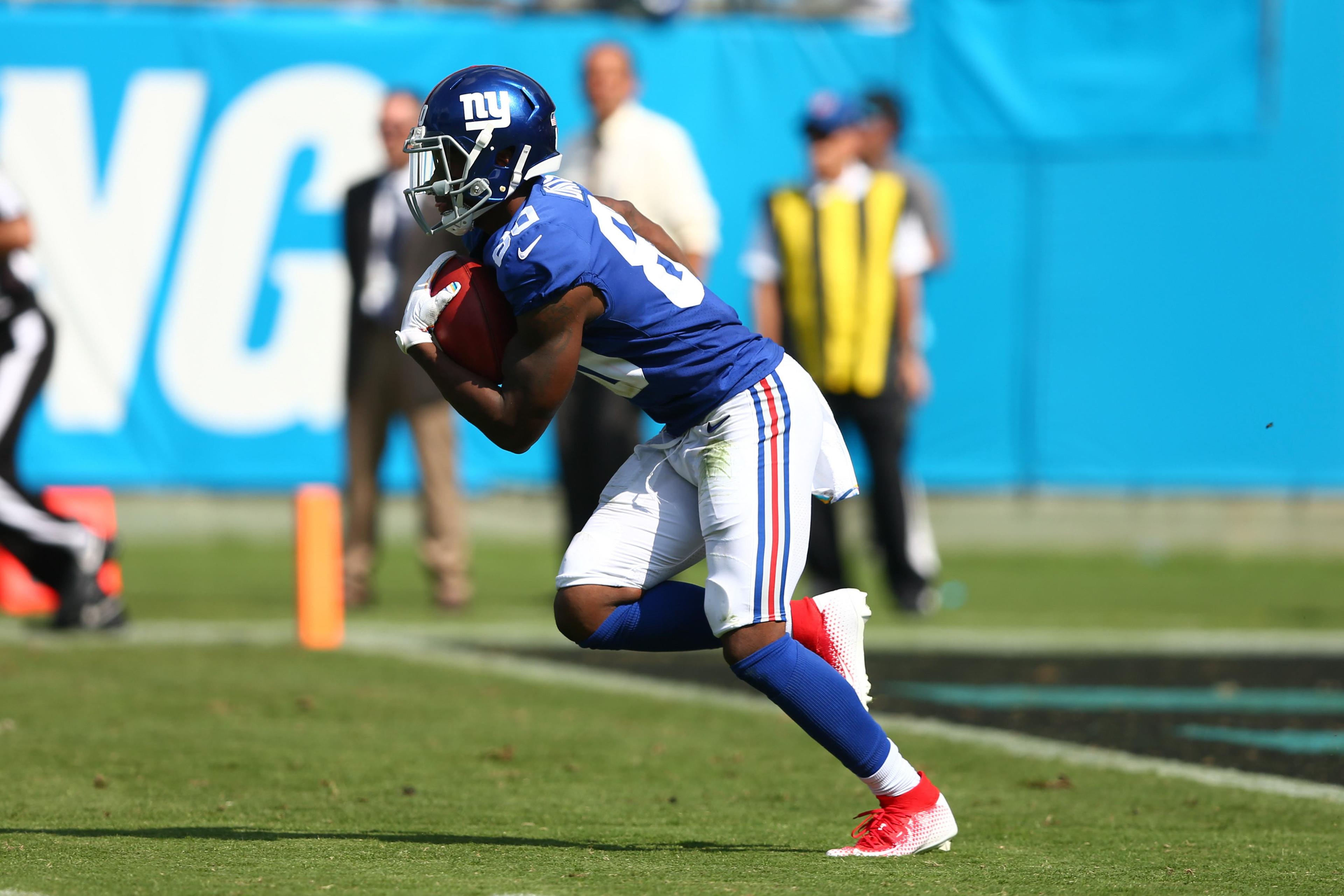 Oct 7, 2018; Charlotte, NC, USA; New York Giants wide receiver Jawill Davis (80) returns a kickoff in the game against the Carolina Panthers at Bank of America Stadium. Mandatory Credit: Jeremy Brevard-USA TODAY Sports / Jeremy Brevard