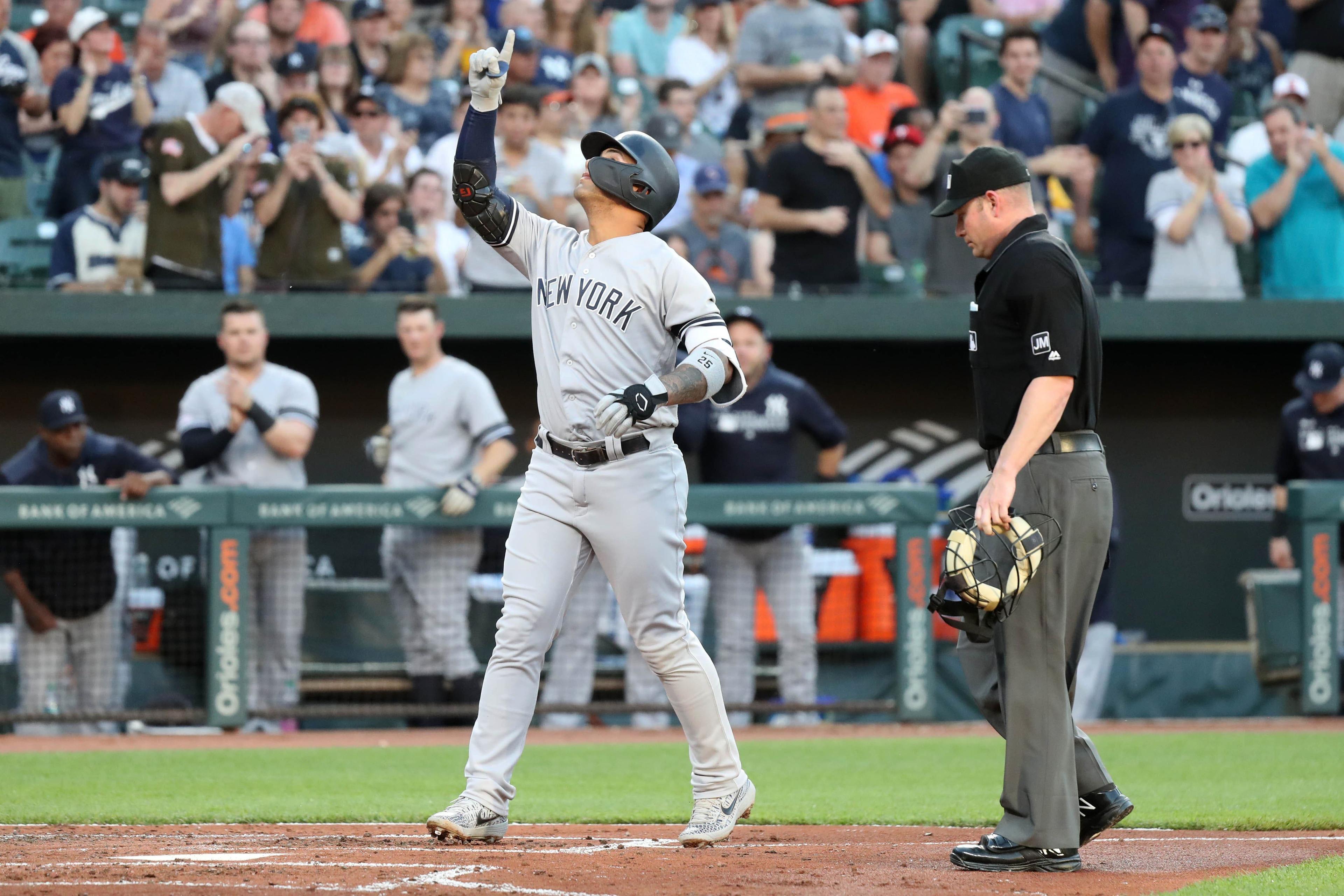 New York Yankees shortstop Gleyber Torres crosses home plate after hitting a third inning solo home run against the Baltimore Orioles at Oriole Park at Camden Yards. / Mitch Stringer/USA TODAY Sports