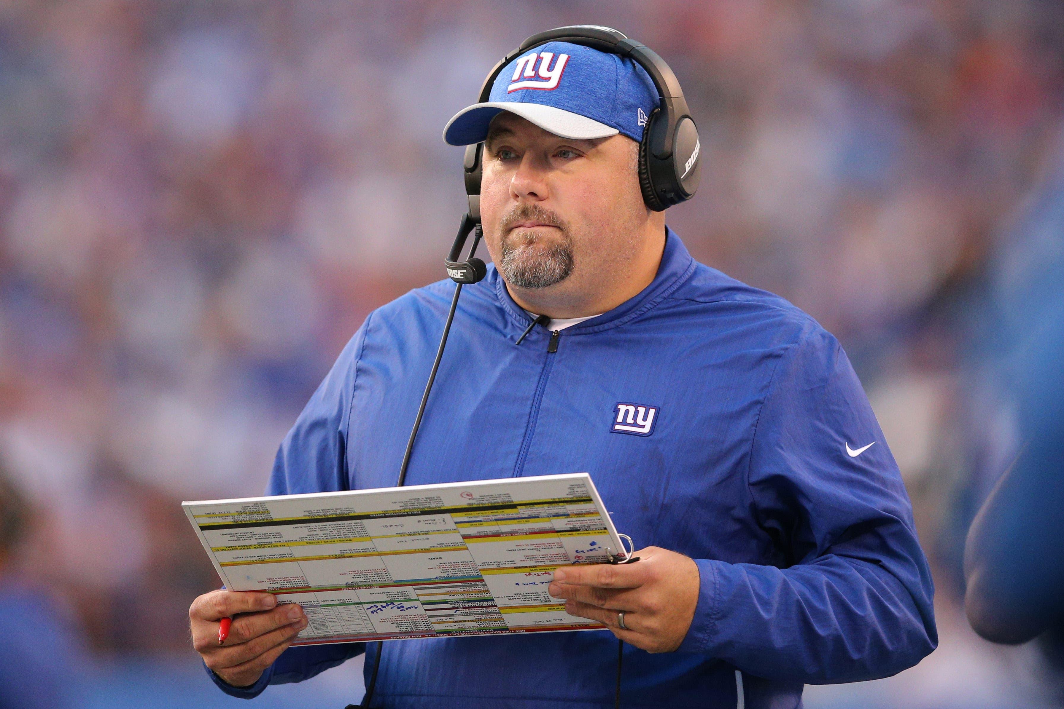 Sep 30, 2018; East Rutherford, NJ, USA; New York Giants defensive coordinator James Bettcher coaches against the New Orleans Saints during the third quarter at MetLife Stadium. Mandatory Credit: Brad Penner-USA TODAY Sports / Brad Penner