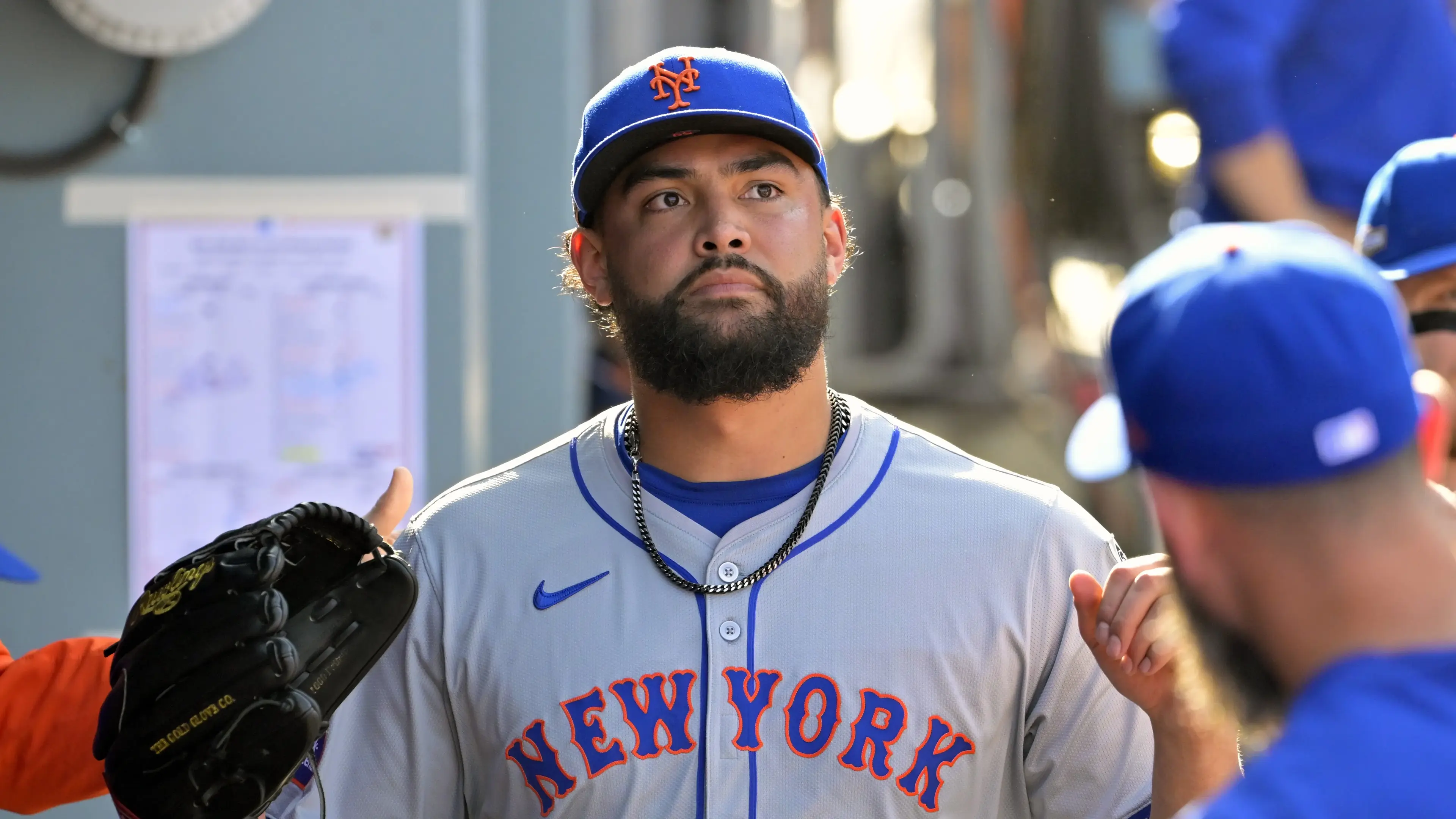 Oct 14, 2024; Los Angeles, California, USA; New York Mets pitcher Sean Manaea (59) greets teammates in the dugout after being relieved in the sixth inning against the Los Angeles Dodgers during game two of the NLCS for the 2024 MLB Playoffs at Dodger Stadium. Mandatory Credit: Jayne Kamin-Oncea-Imagn Images / © Jayne Kamin-Oncea-Imagn Images