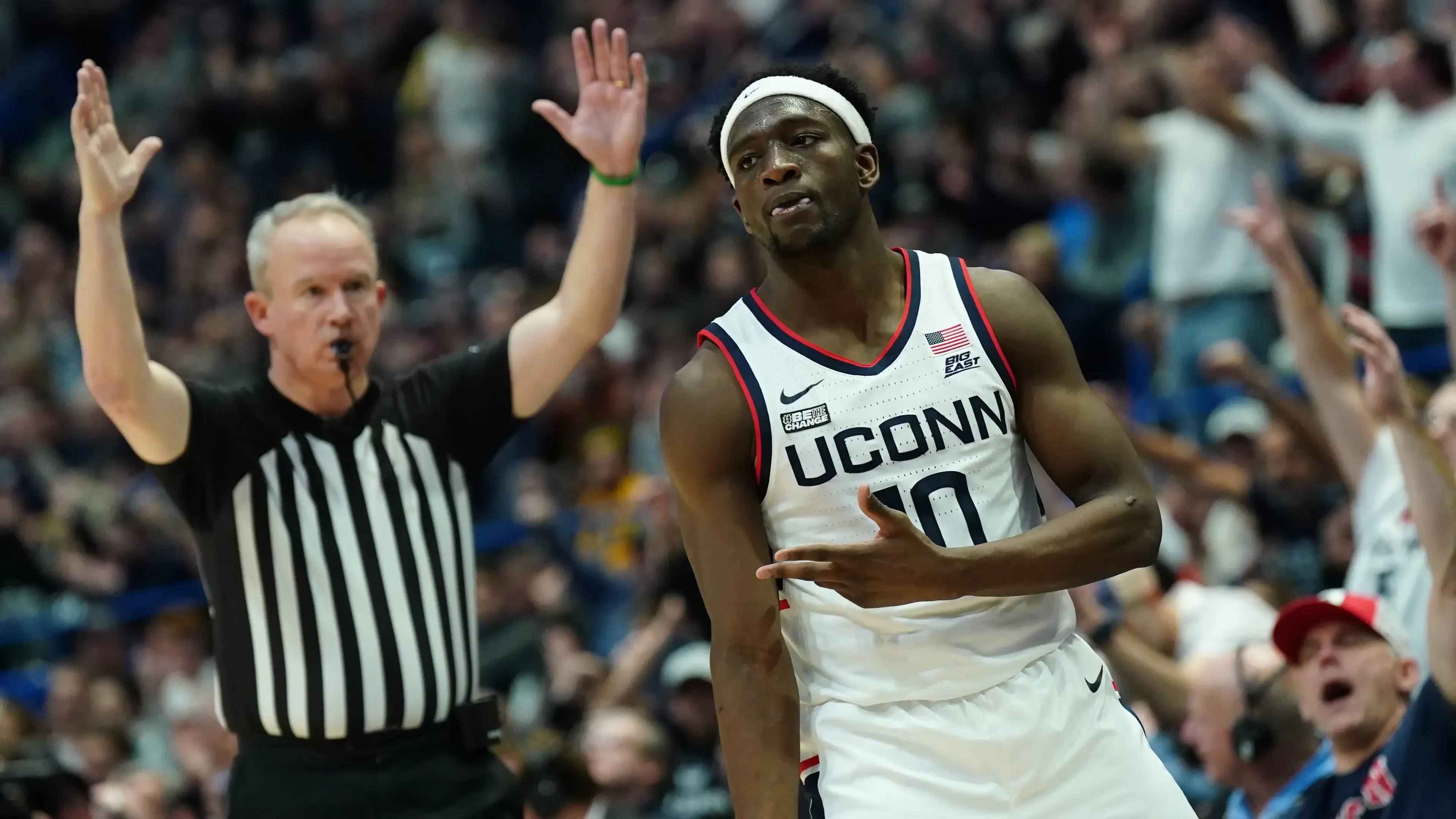 UConn Huskies guard Hassan Diarra (10) reacts after his three point basket against the Marquette Golden Eagles in the second half at XL Center / David Butler II - USA TODAY Sports